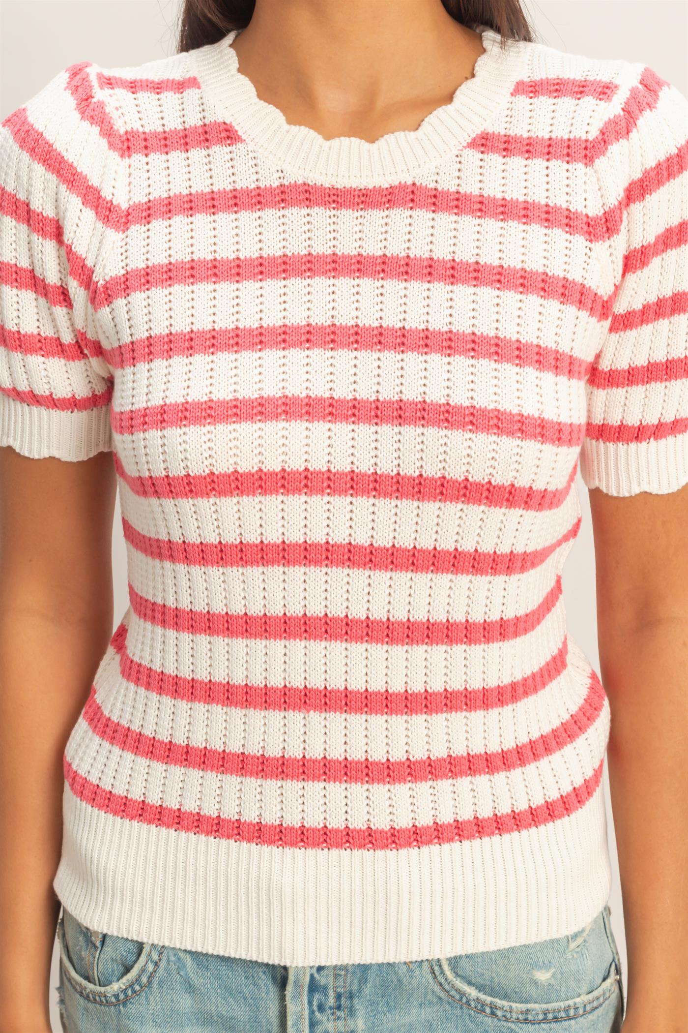Wholesale Striped Scallop Edge Puff Sleeve Knit Top Shirts DZ26A284 TAFFY PINK DOUBLE ZERO