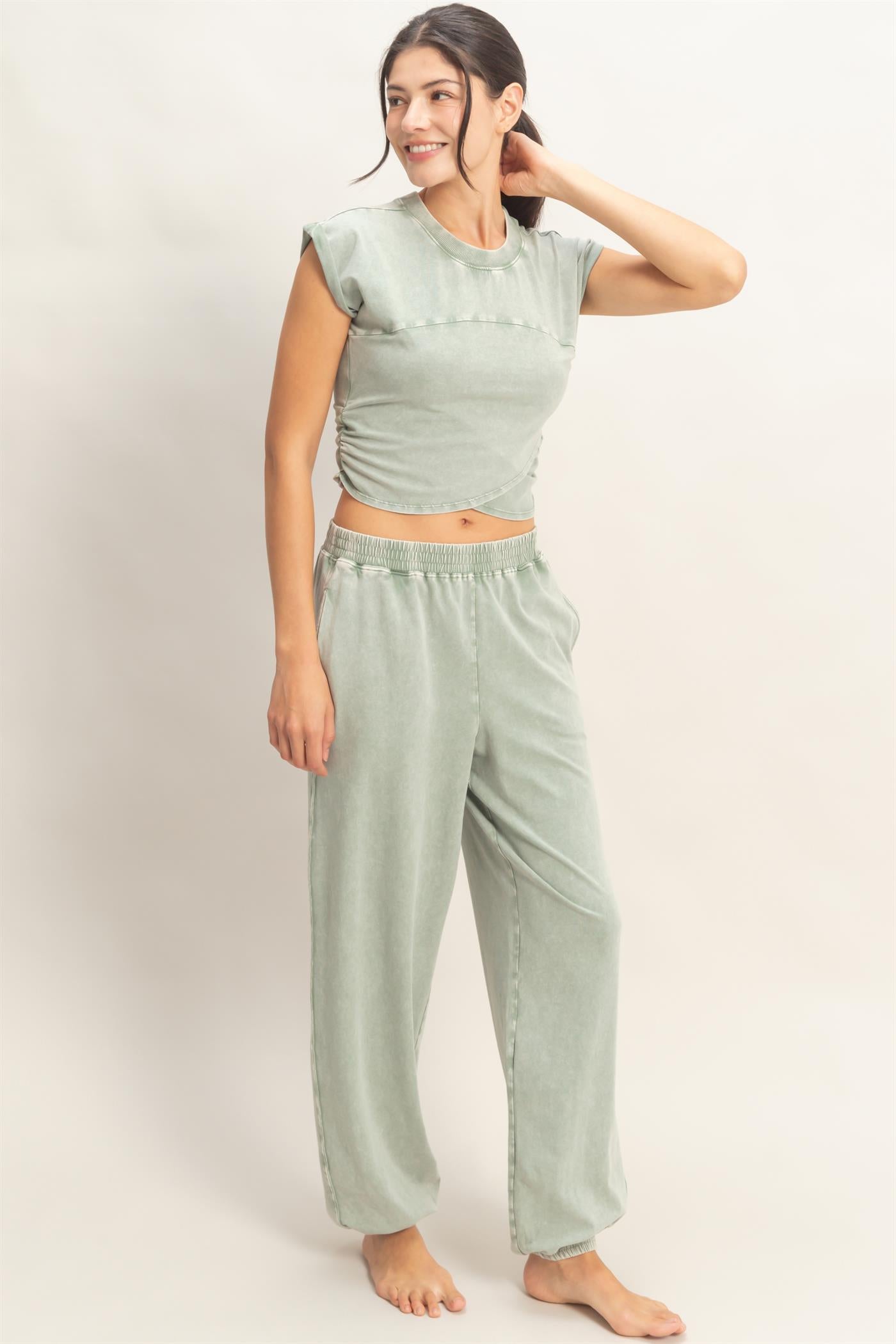 Wholesale Rolled Sleeve Wrap-Front Crop Top And Jogger Set Clothing DZ26A172-SET SAGE GREEN DOUBLE ZERO