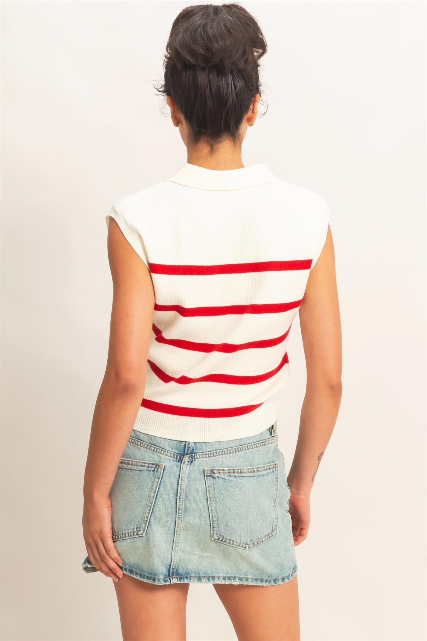 Wholesale Collared Striped Polo Vest Clothing Tops DZ26A337 RED DOUBLE ZERO