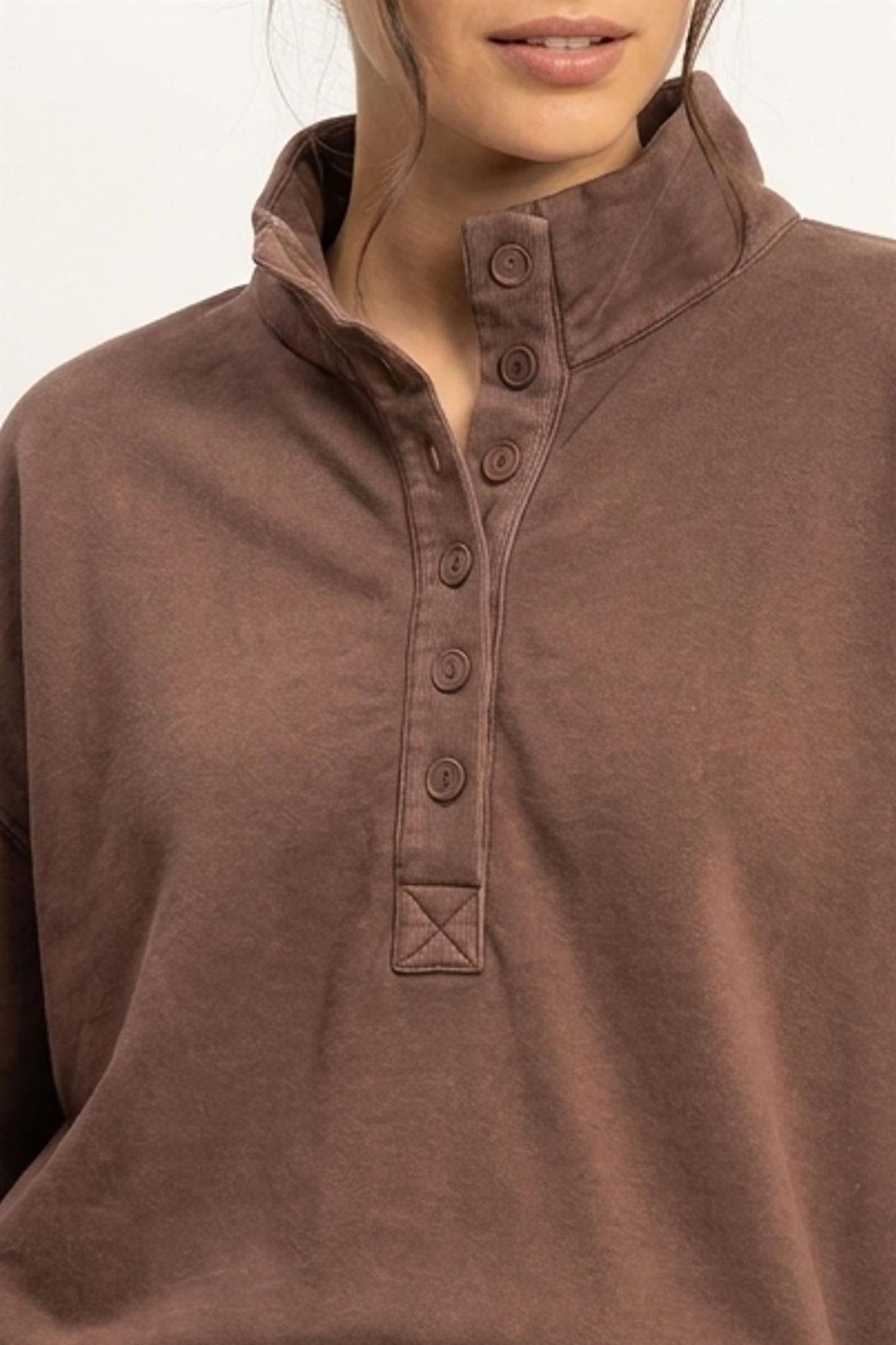 Wholesale Mineral Wash Button Front Sweatshirt Sweatshirts DZ26C909 DARK BROWN DOUBLE ZERO