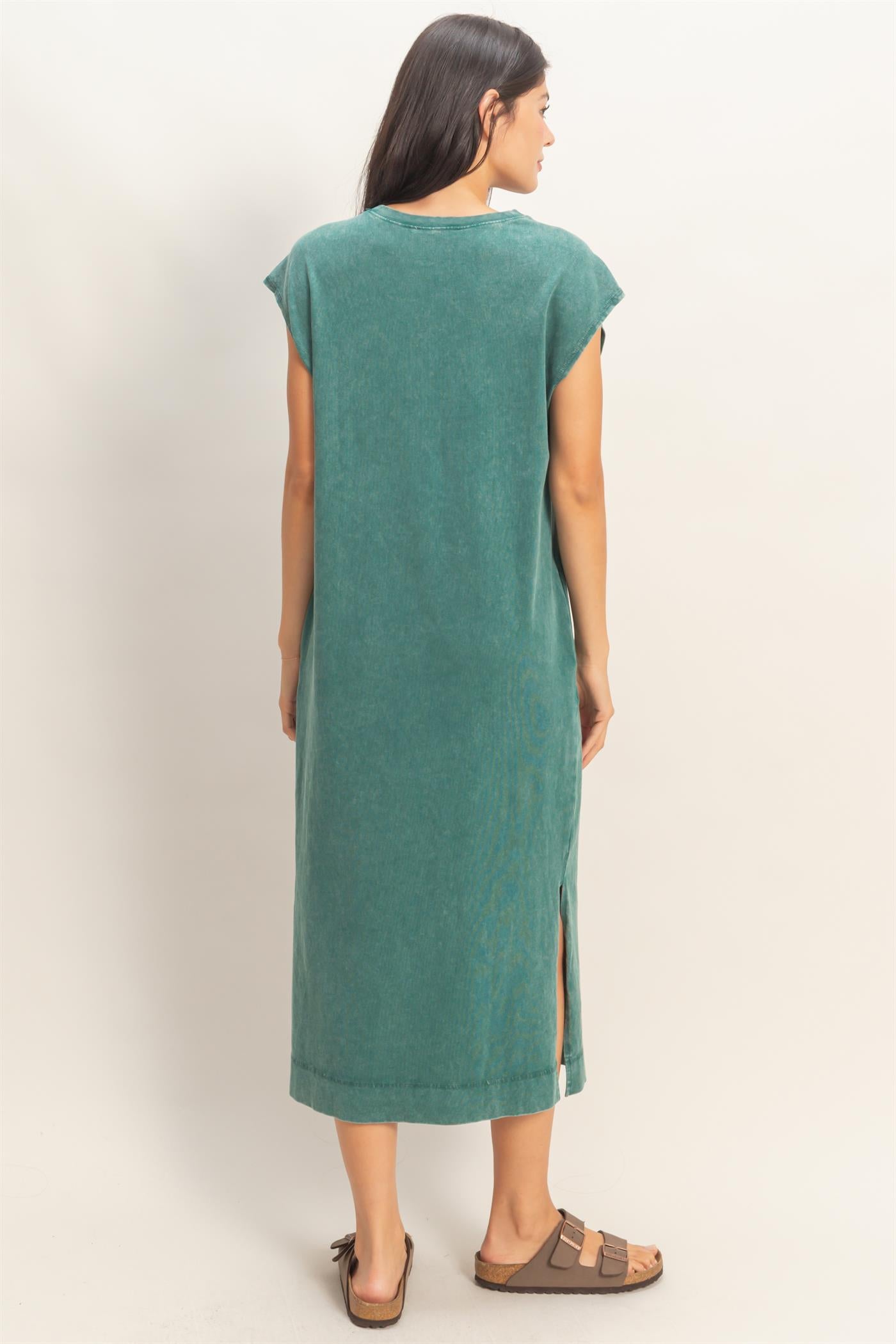 Wholesale Mineral Wash Cap Sleeve Midi Dress Dresses DZ26A049 DARK TEAL DOUBLE ZERO