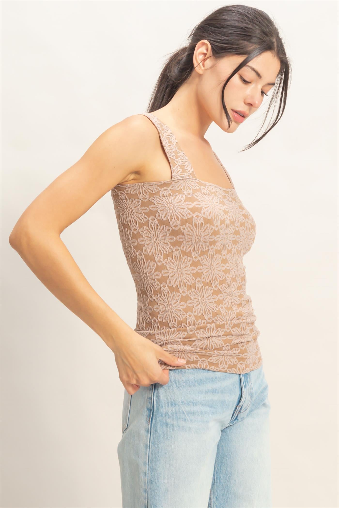 Wholesale Floral Jacquard Square Neck Top Tank Tops HF26E337 TAUPE HYFVE