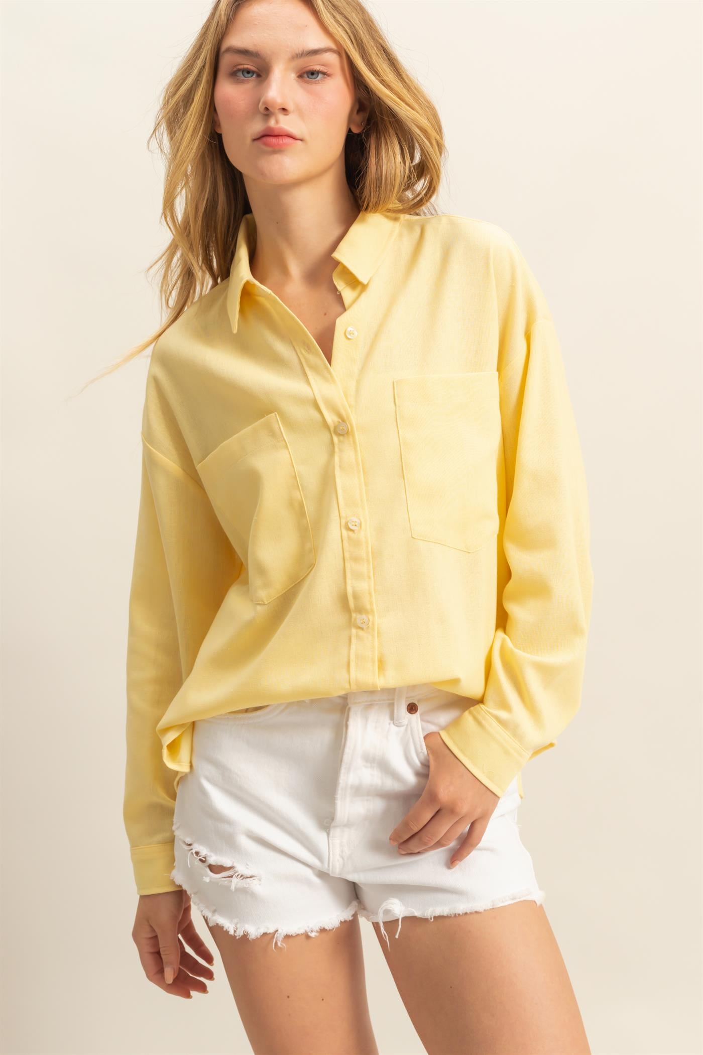 Wholesale Sand Washed Relaxed Long Sleeve Shirt Clothing Tops DZ24C609 CREAMY YELLOW DOUBLE ZERO