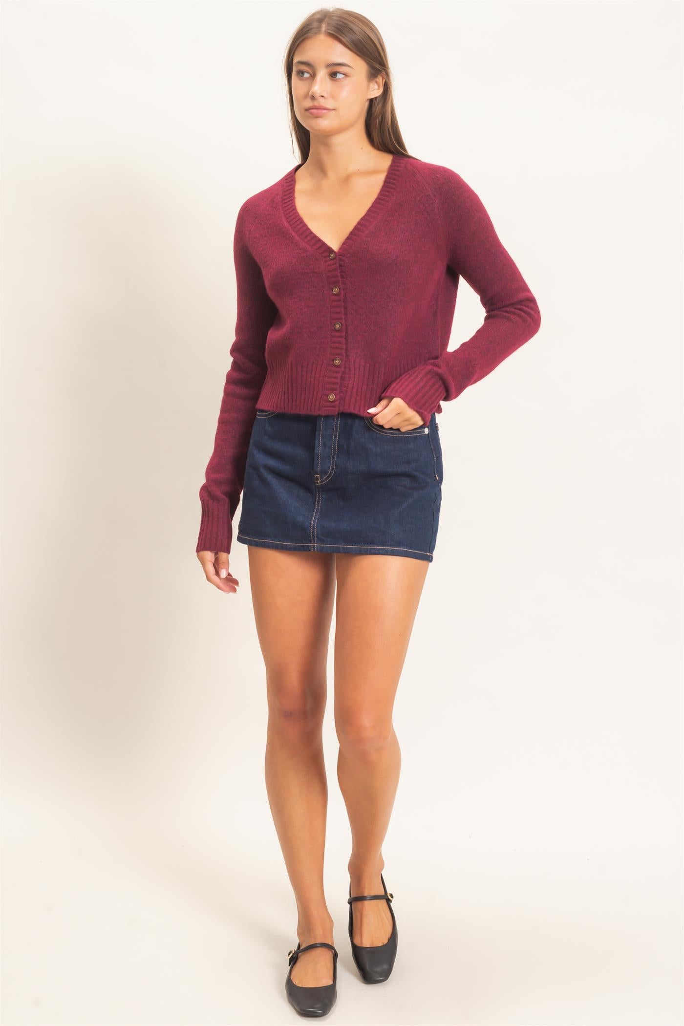 Wholesale V-Neck Cardigan Cardigans DZ26E326 DARK CHERRY DOUBLE ZERO