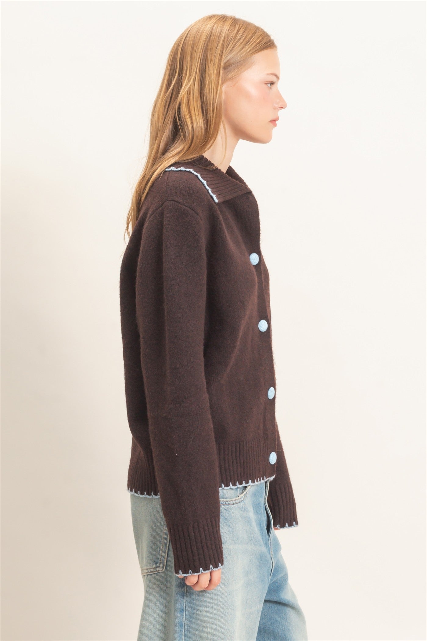 Wholesale Blanket Stitch Collared Cardigan Cardigans HF26F356 CHOCOLATE HYFVE