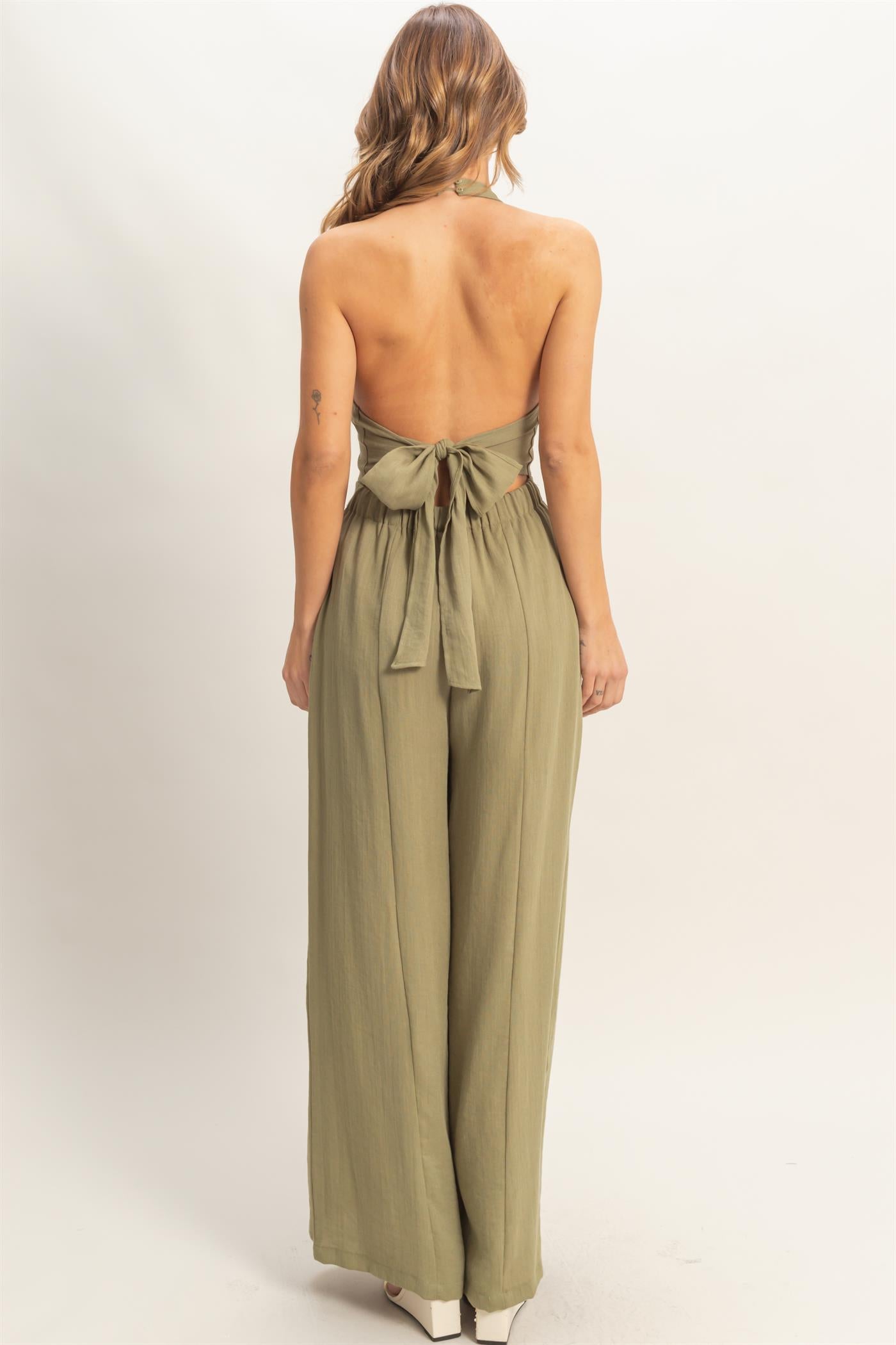 Wholesale Halter Button-Front Jumpsuit Clothing HF26A615-D OLIVE HYFVE