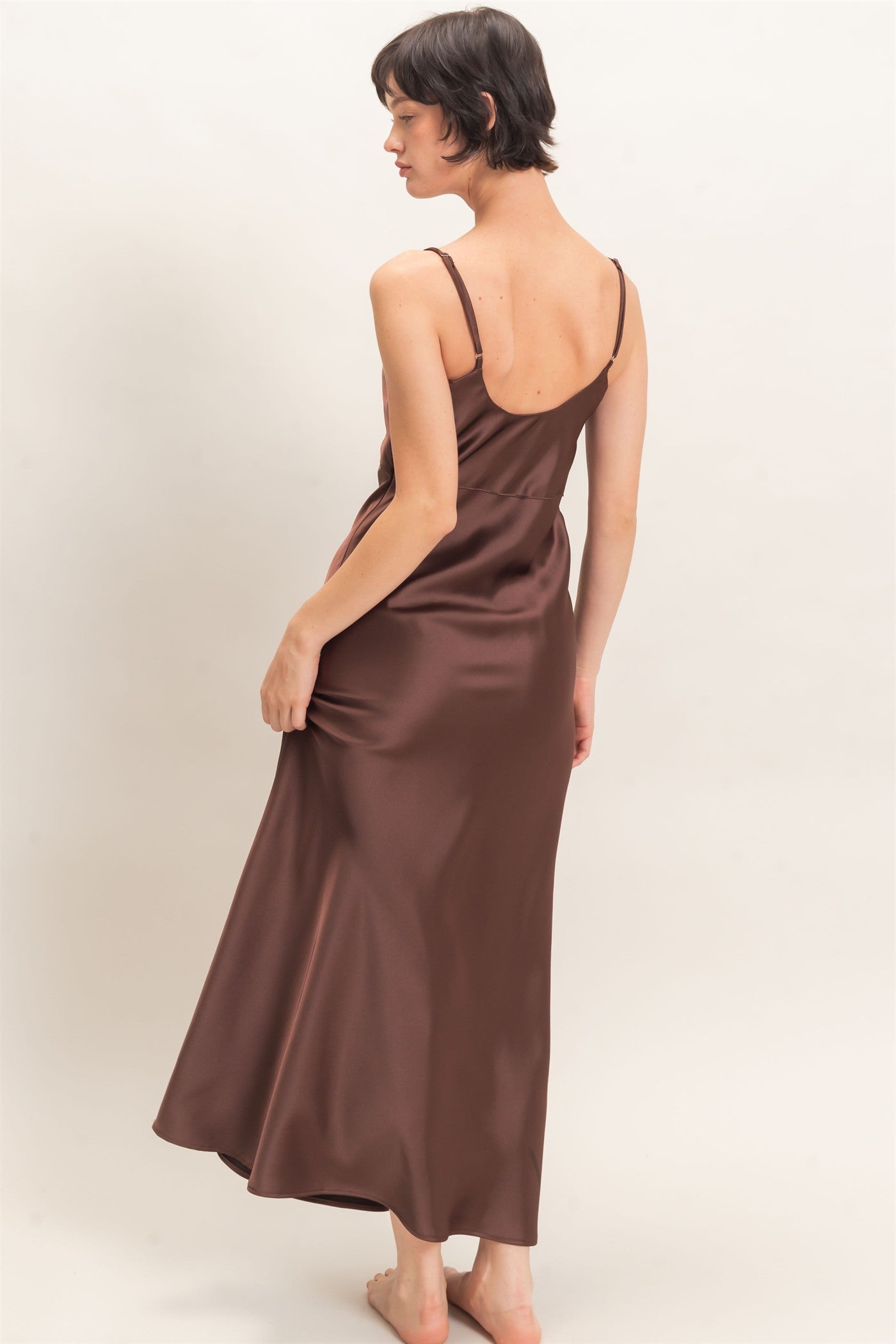 Wholesale Satin Slip Dress With Spaghetti Straps Dresses DZ26E380 DARK BROWN DOUBLE ZERO