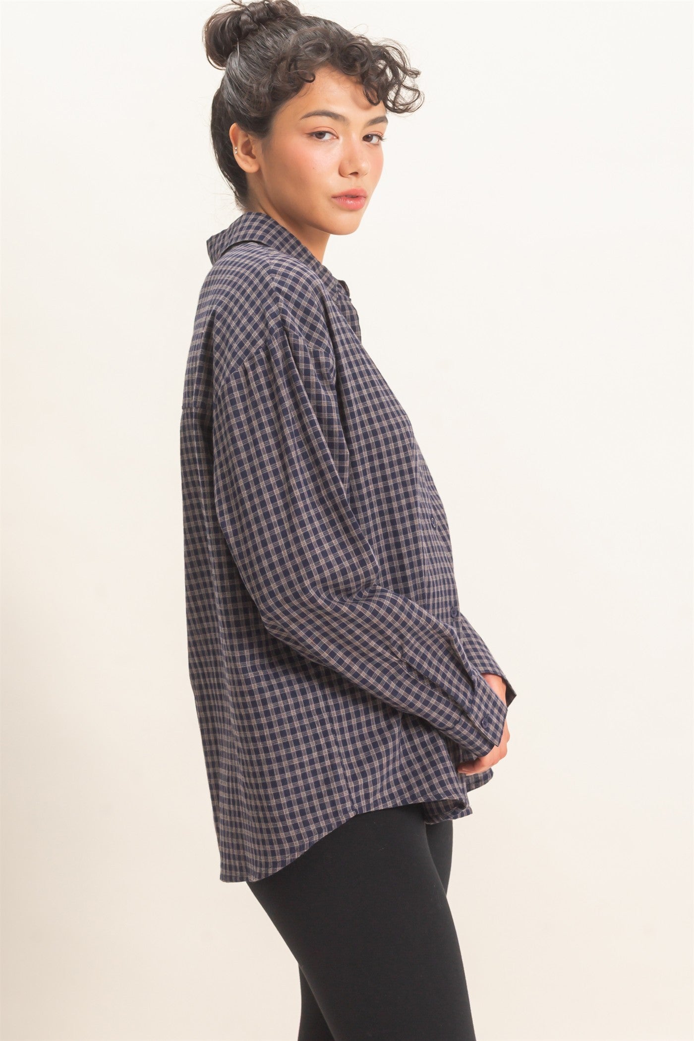 Wholesale Plaid Button-Up Shirt Shirts DZ26F012 NAVY DOUBLE ZERO