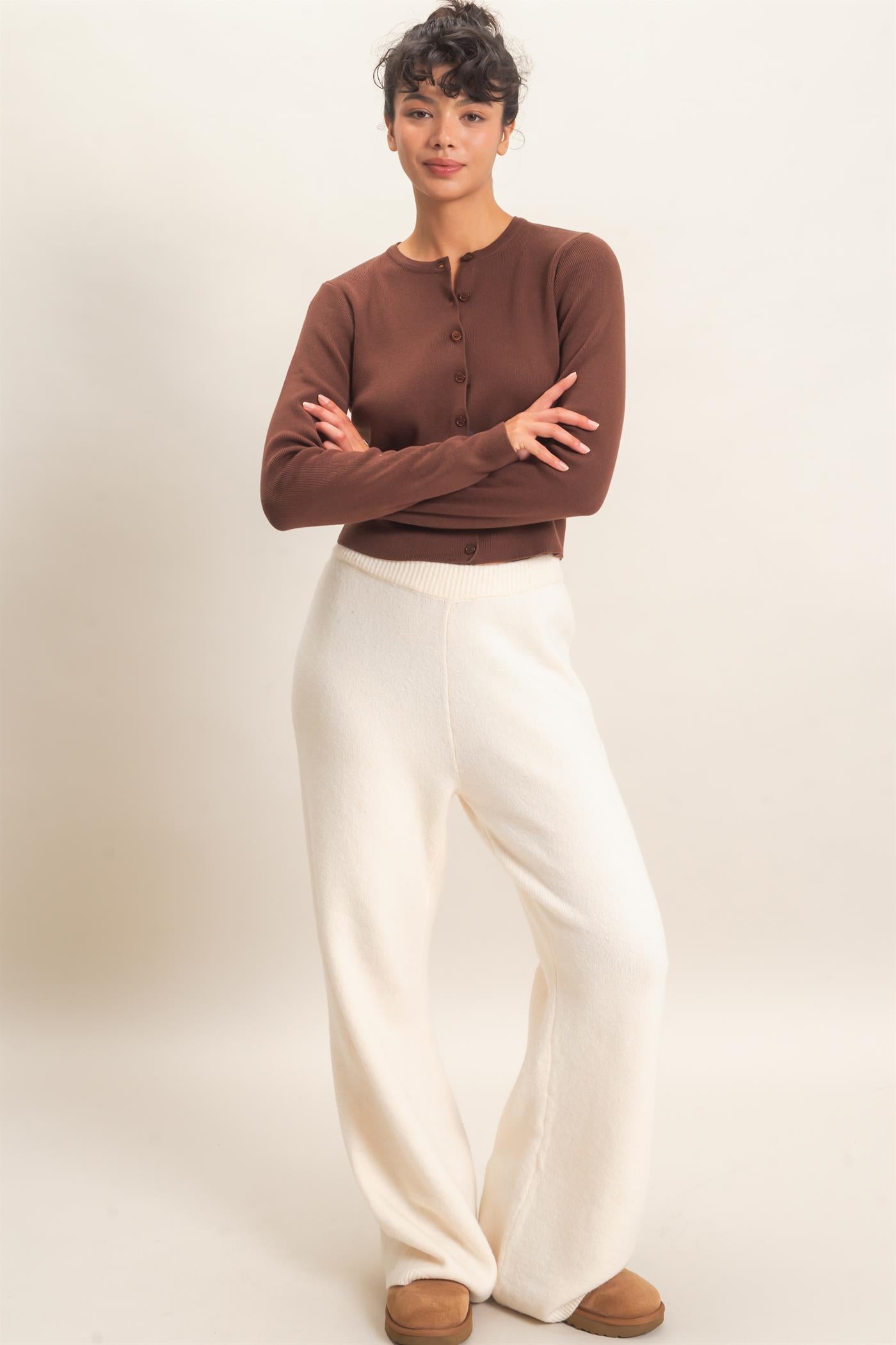 Wholesale Ribbed Crew Neck Cardigan Cardigans DZ27A153 DARK BROWN DOUBLE ZERO