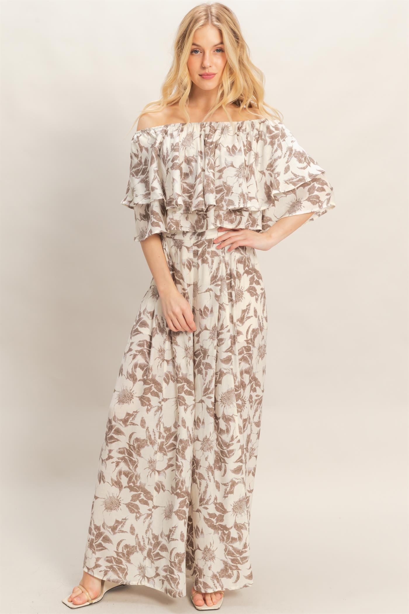 Wholesale Floral Off-Shoulder Top & Pants Set Clothing Tops HF26C832-SET CHARCOAL HYFVE