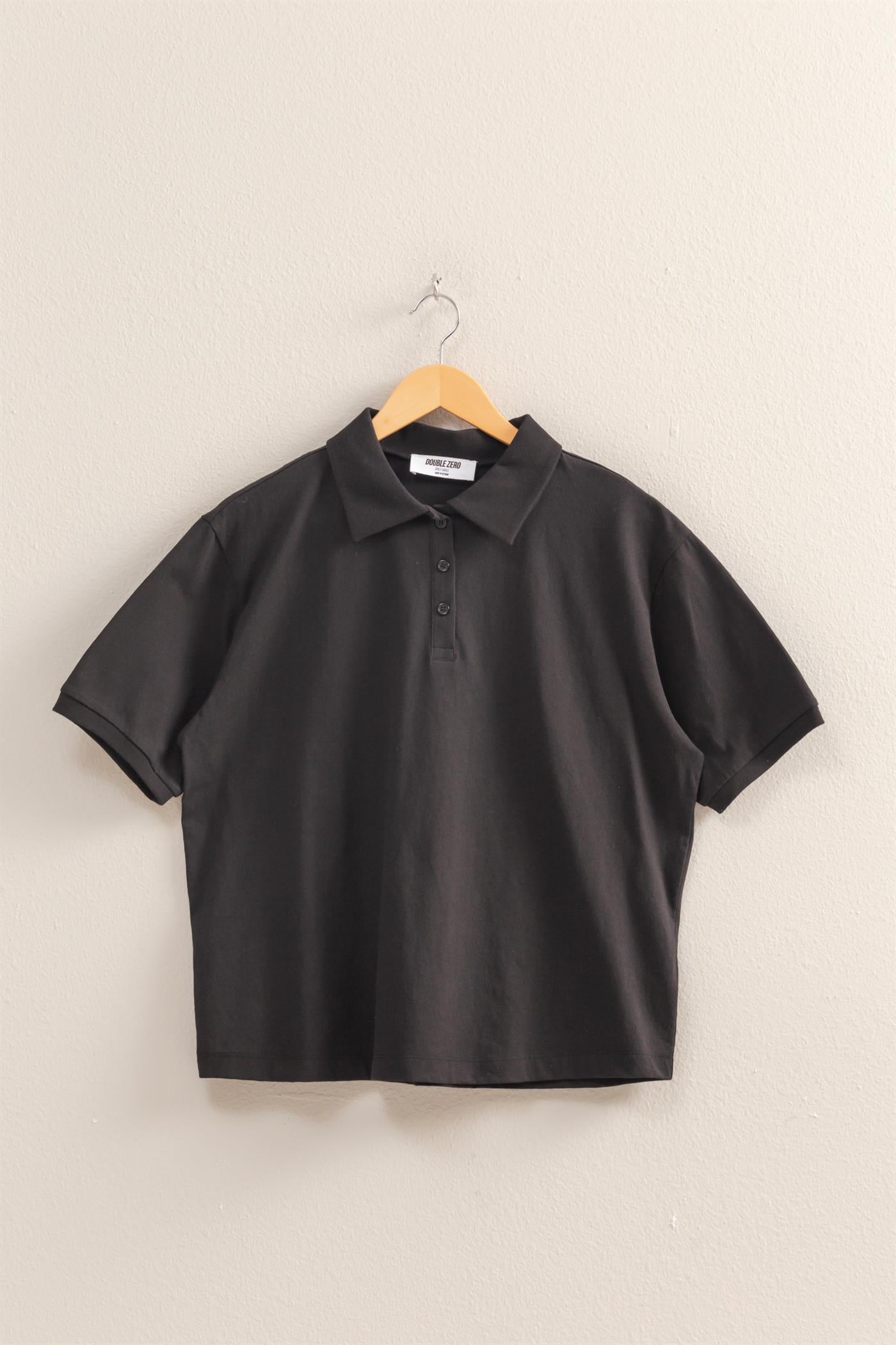 Wholesale Collared Neck Short Sleeve Relaxed Top Polos DZ25C257 BLACK DOUBLE ZERO
