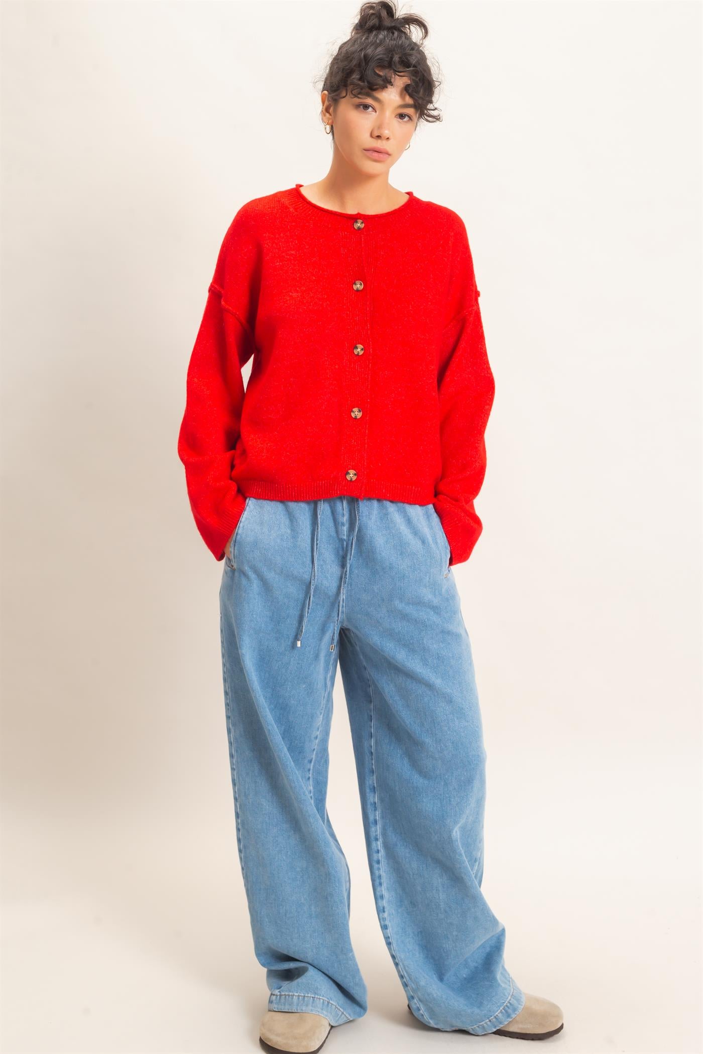 Wholesale Crew Neck Loose Fit Cardigan Cardigans DZ26E269 RED DOUBLE ZERO