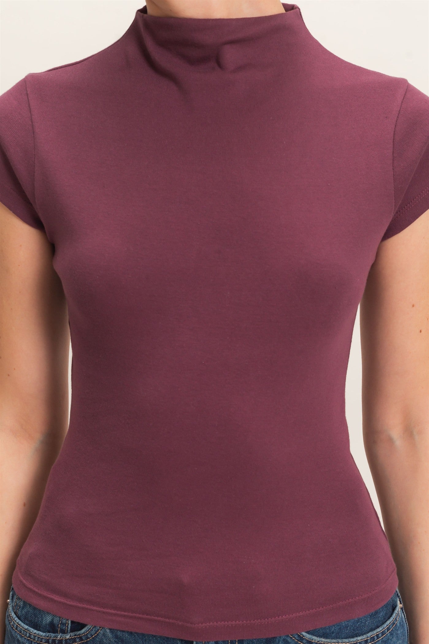 Wholesale Mock Neck Cap Sleeve Top Clothing Tops DZ26E323 DARK CHERRY DOUBLE ZERO