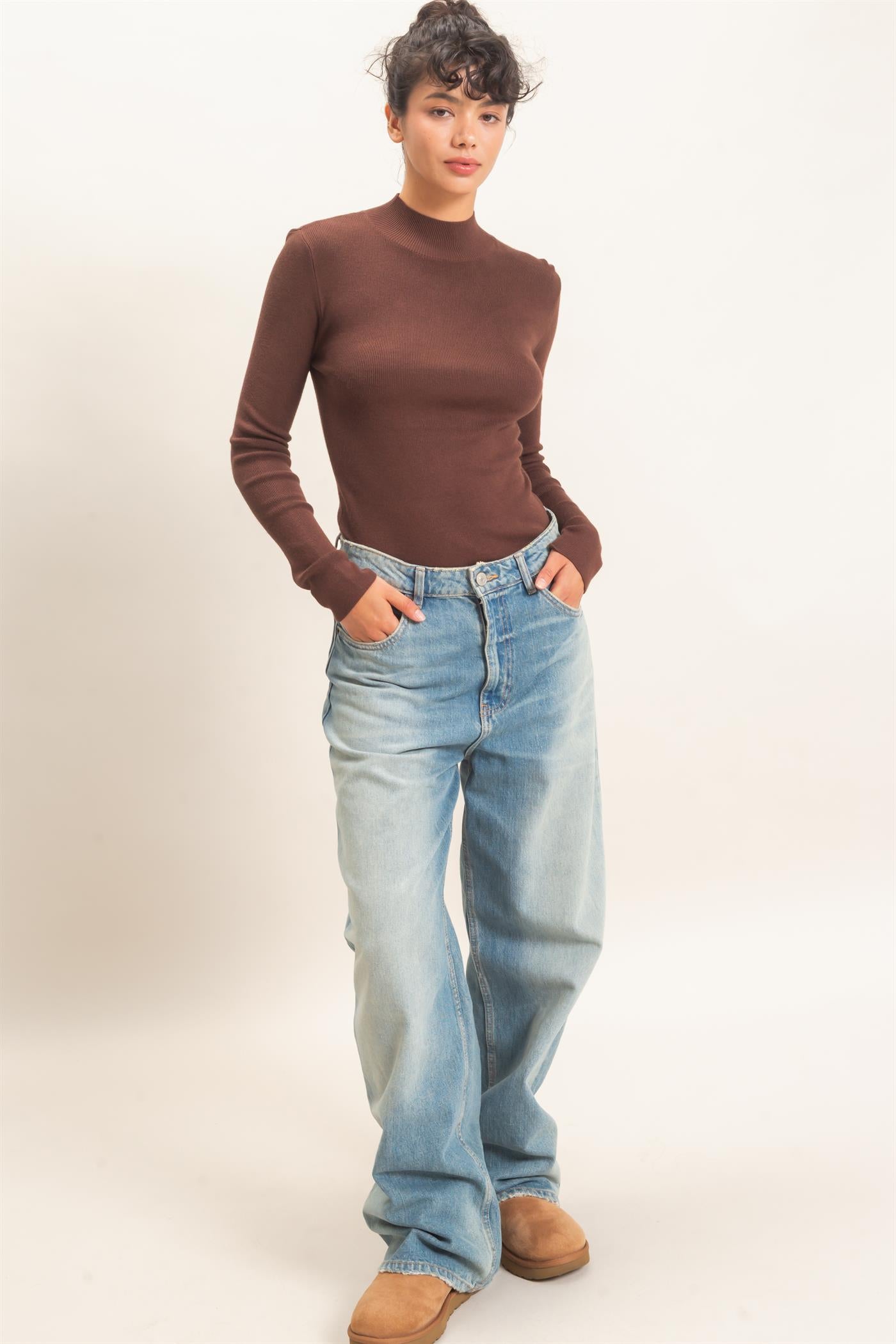 Wholesale Ribbed Mock Neck Long Sleeve Knit Top Clothing Tops DZ26F201 DARK BROWN DOUBLE ZERO