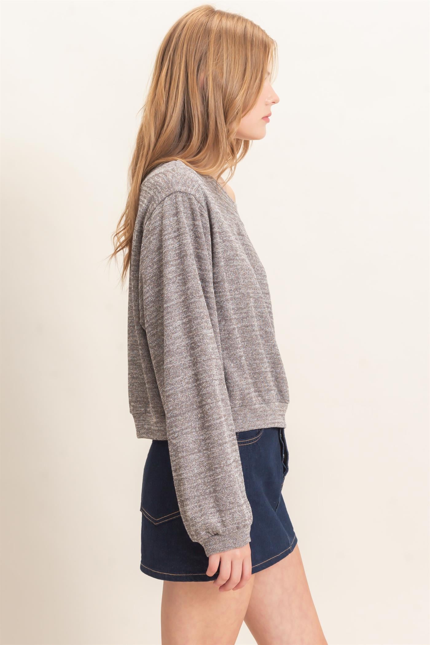 Wholesale Off Shoulder Knit Sweatshirt Blouses HF26F028 CHARCOAL HYFVE