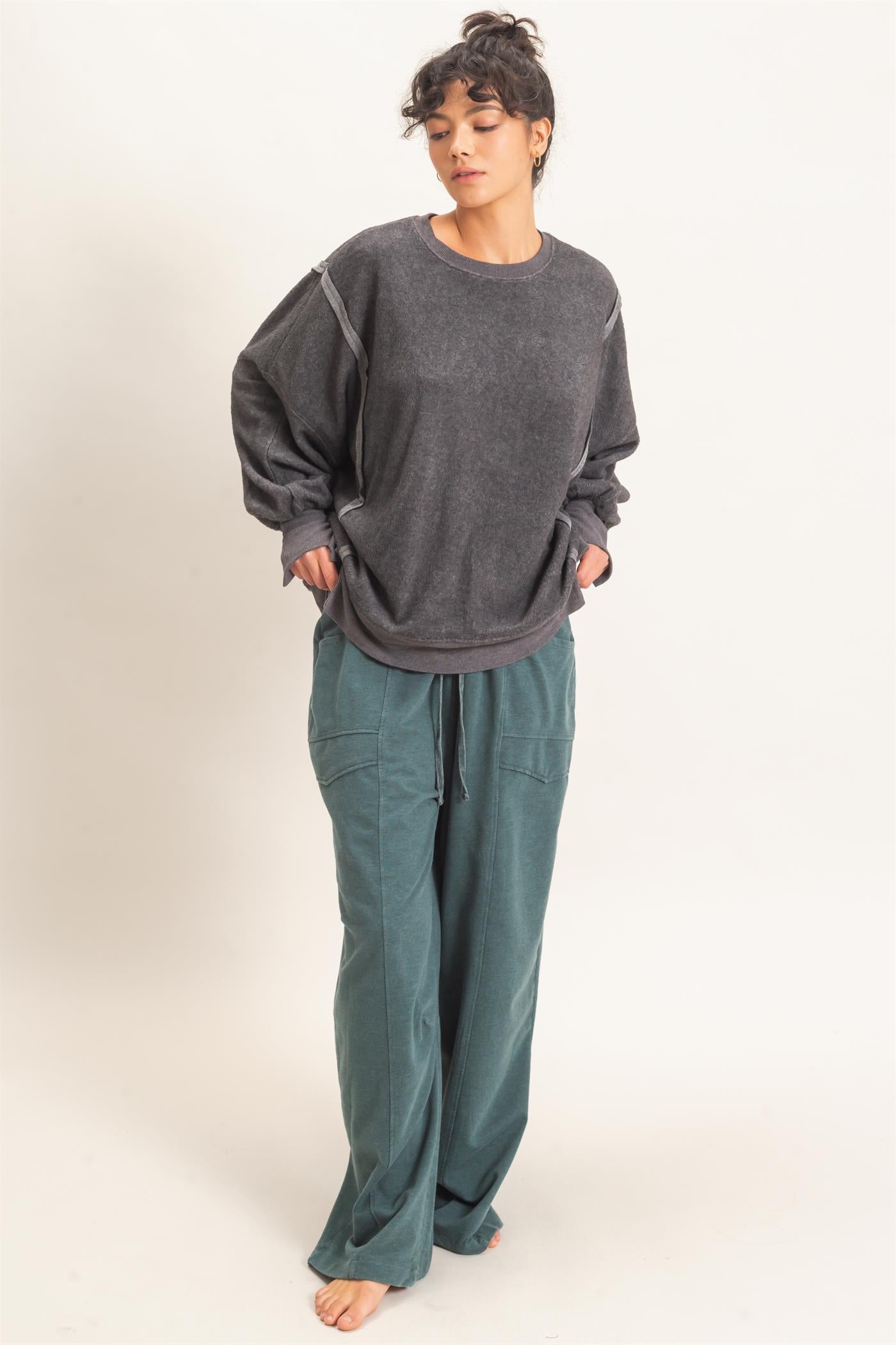 Wholesale Oversized Raw Edge Crew Neck Sweatshirt Sweatshirts DZ26E273 CHARCOAL DOUBLE ZERO