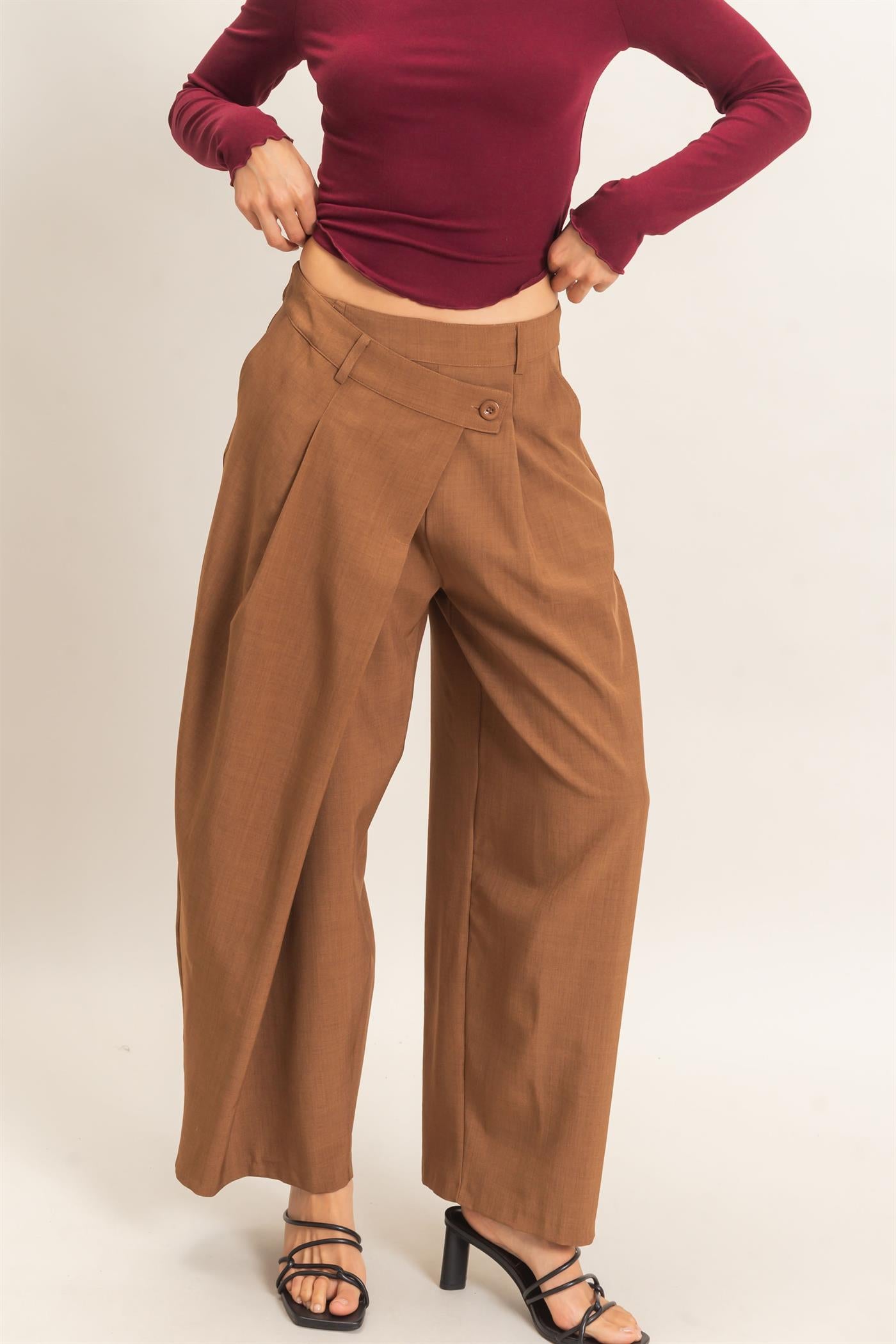 Wholesale Asymmetrical Overlap Pleated Pant Pants HF26C885 BROWN HYFVE