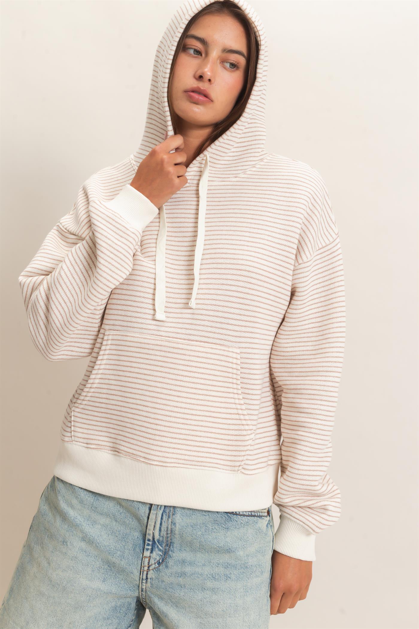 Wholesale Striped French Terry Hoodie Hoodies DZ26C619 DARK TAUPE DOUBLE ZERO