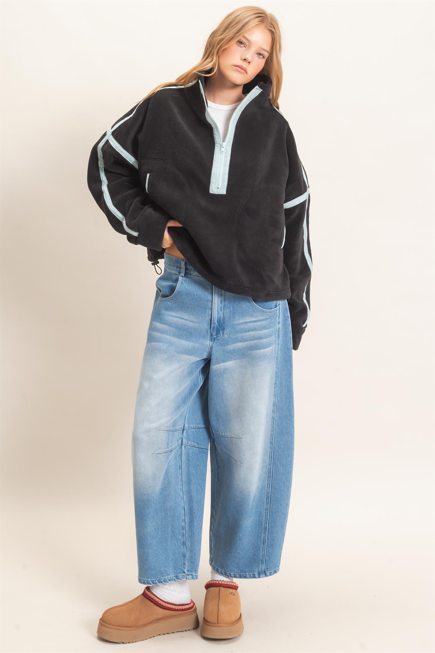 Wholesale Contrast Trim Half-Zip Fleece Pullover Outerwear HF26F206-D BLACK HYFVE