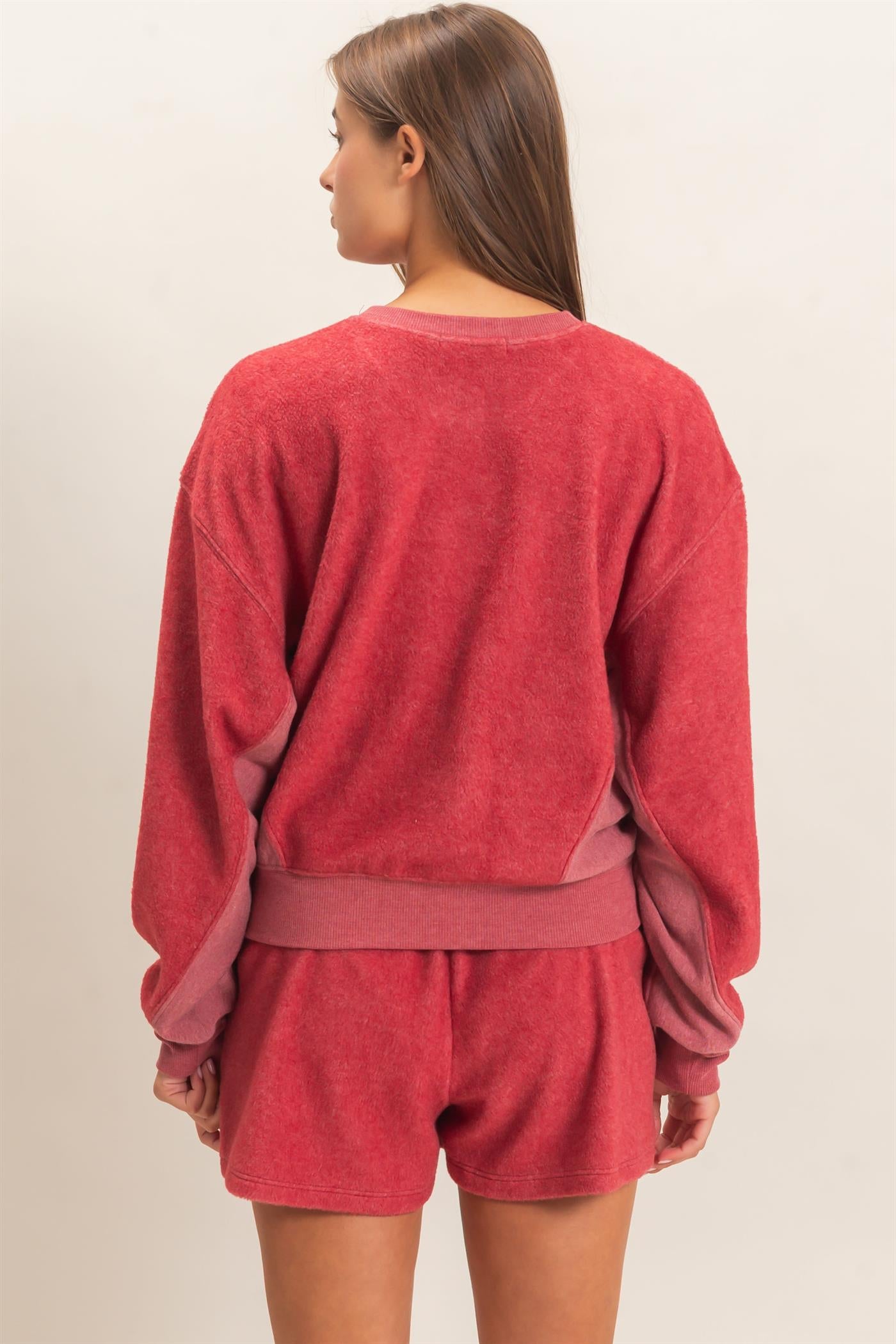 Wholesale Contrast Sweatshirt & Shorts Set Clothing DZ25F478-SET DARK RED DOUBLE ZERO