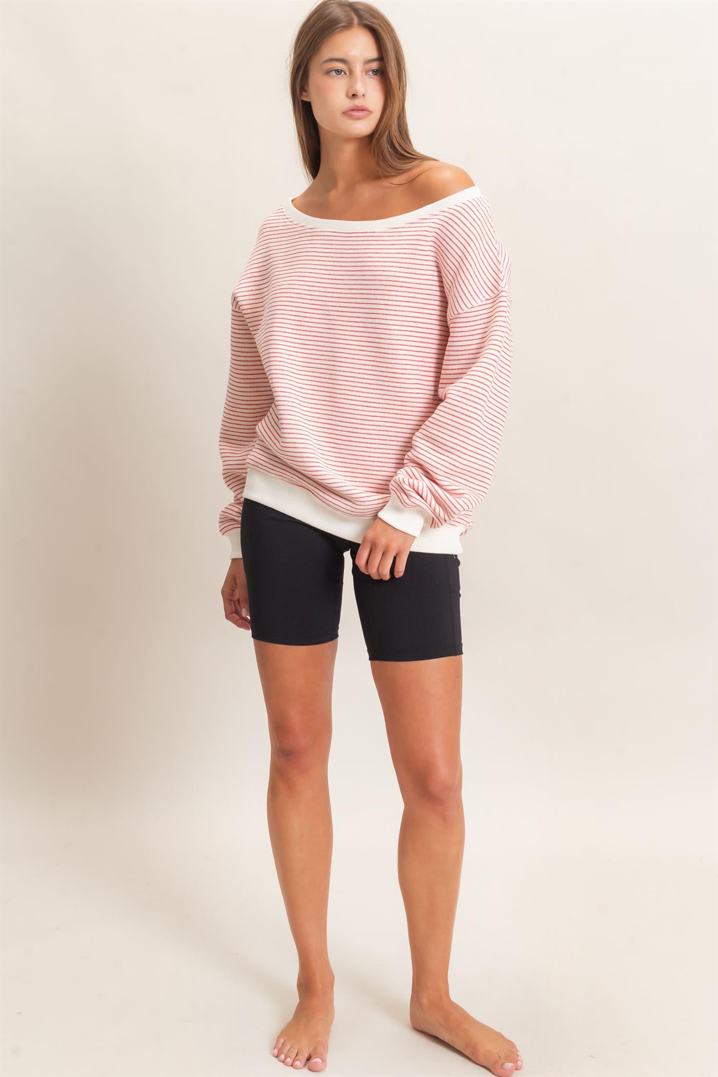 Wholesale Striped Off The Shoulder Sweatshirt Sweatshirts DZ26C881 RED DOUBLE ZERO
