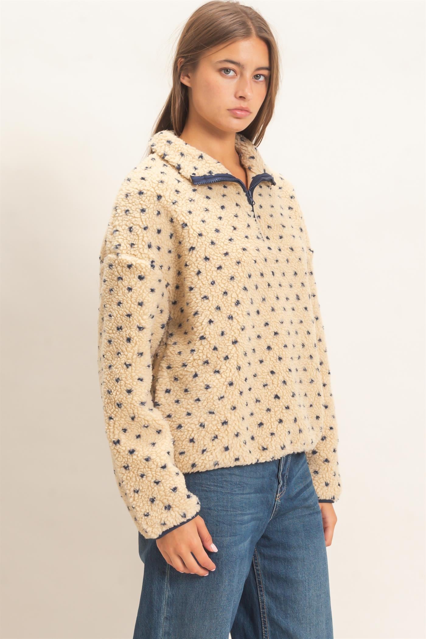 Wholesale Polka Dot Sherpa Half-Zip Pullover Coats & Jackets DZ26F161 NAVY DOUBLE ZERO