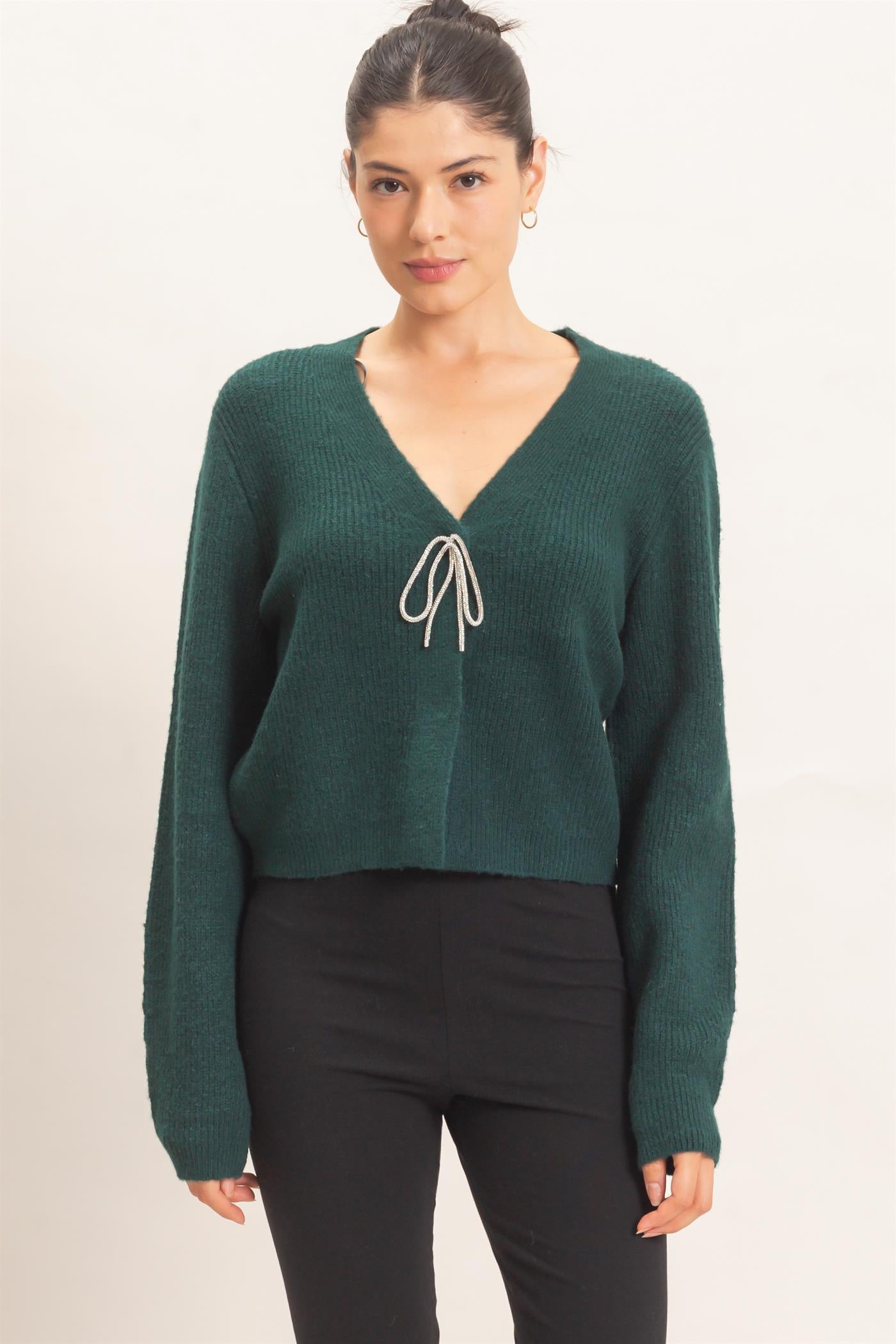 Wholesale Rhinestone Bow Tie-Front Sweater Cardigans HF26F183-D D.GREEN HYFVE