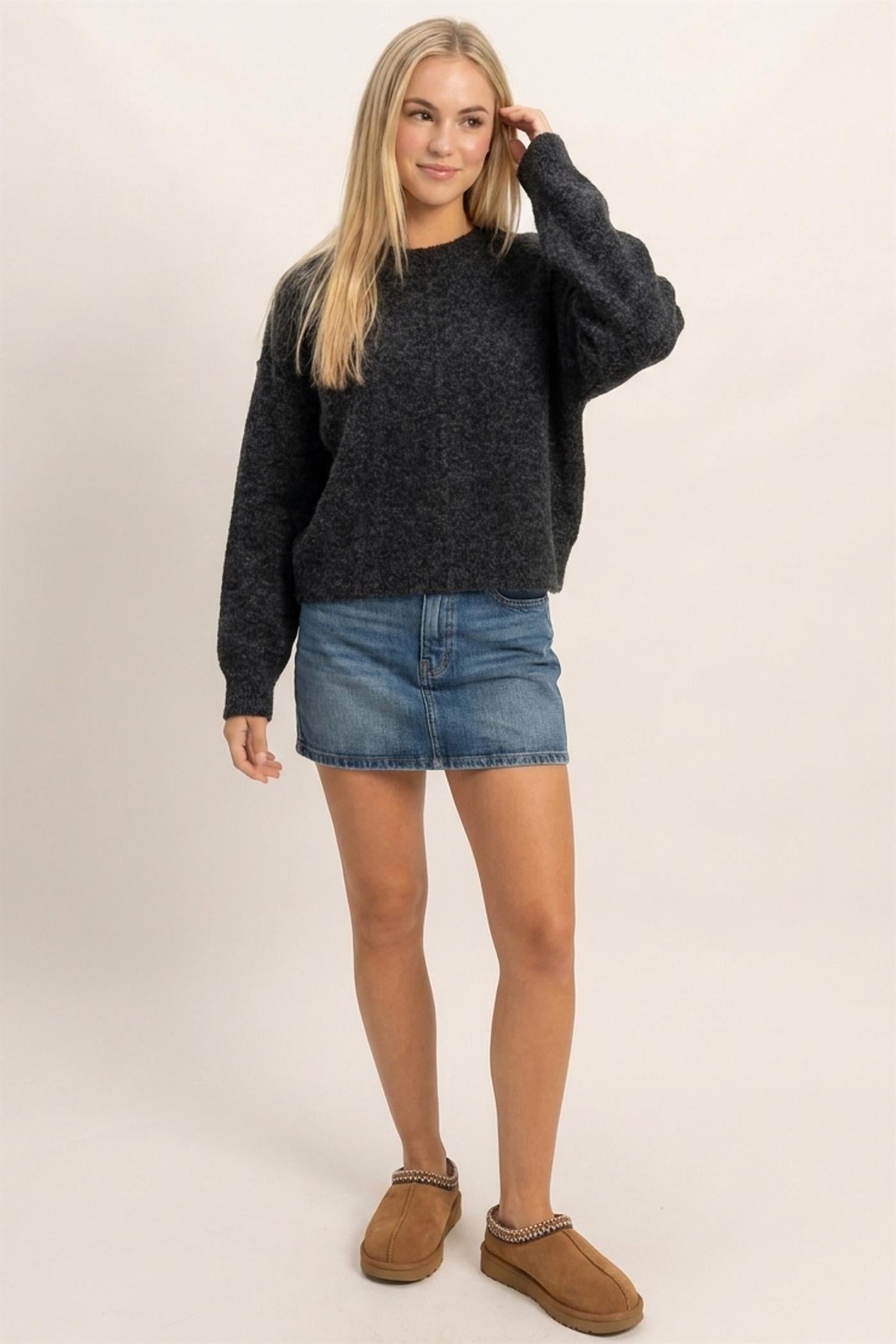 Wholesale Crew Neck Seam Detail Sweater Sweaters DZ26E240 BLACK DOUBLE ZERO