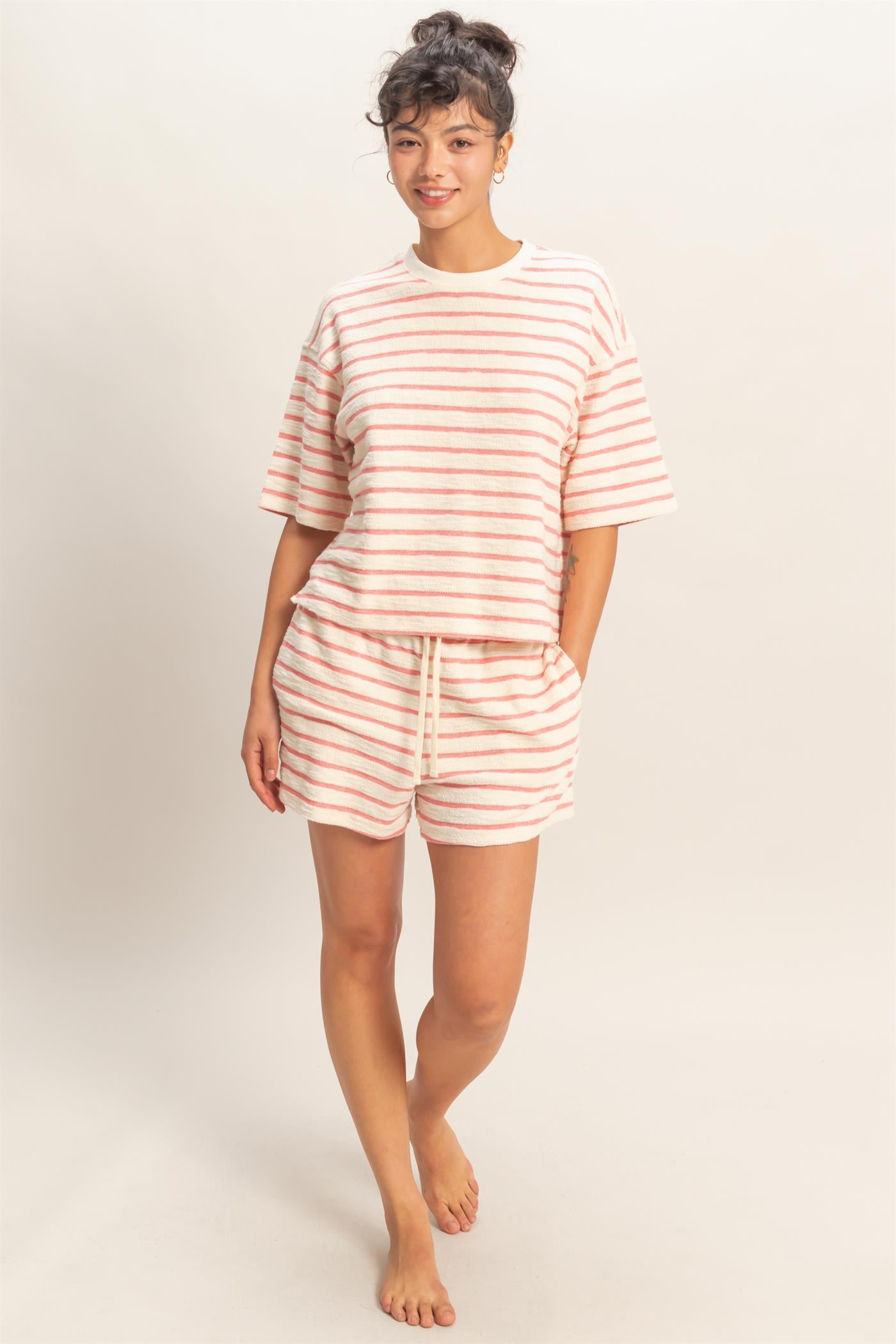 Wholesale Striped Short Sleeve Terry Crew Neck Top Clothing Tops DZ26A887 RED DOUBLE ZERO