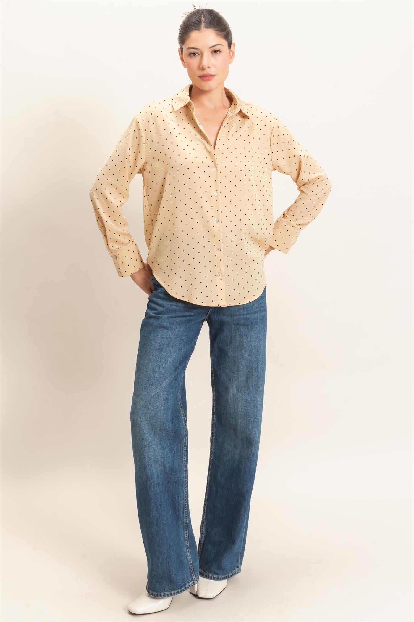 Wholesale Button-Up Polka Dot Shirt Shirts HF26F401 BEIGE HYFVE