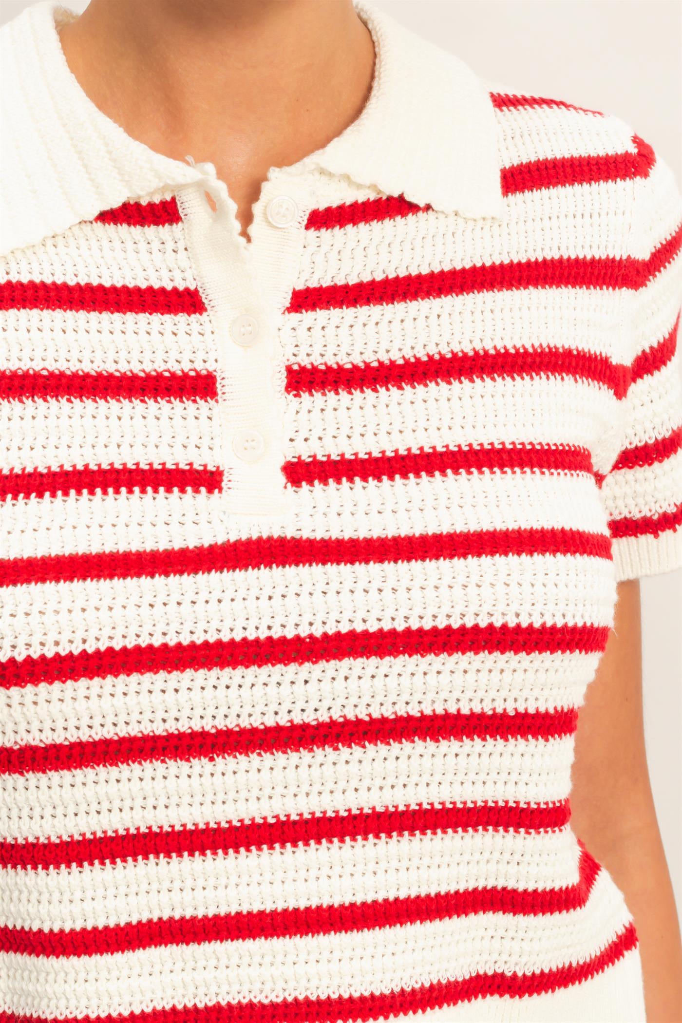 Wholesale Short Sleeve Striped Knit Polo Clothing Tops DZ26A603 RED DOUBLE ZERO