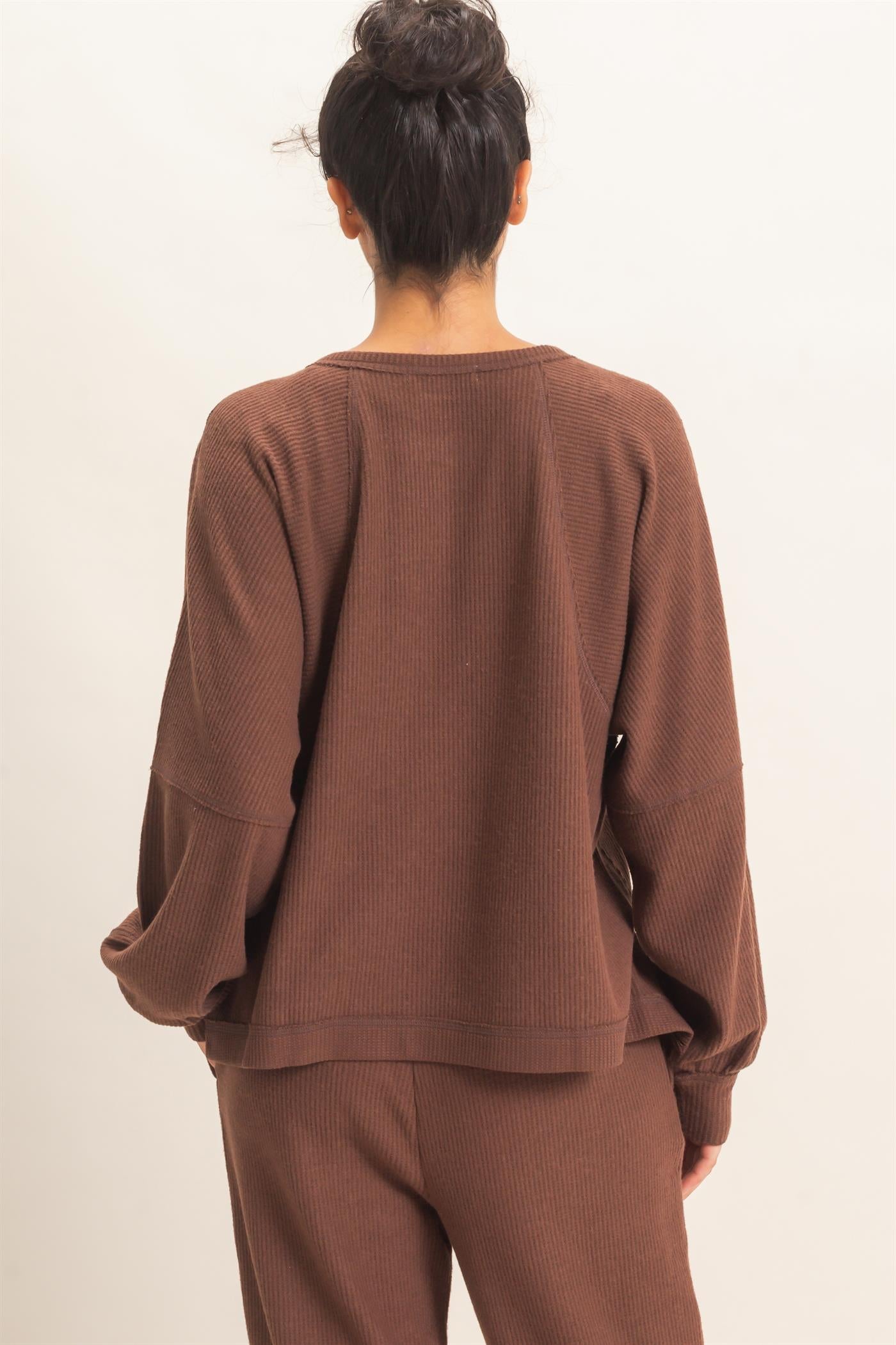 Wholesale Brushed Waffle Long Sleeve Top Clothing Tops DZ26F312 DARK BROWN DOUBLE ZERO
