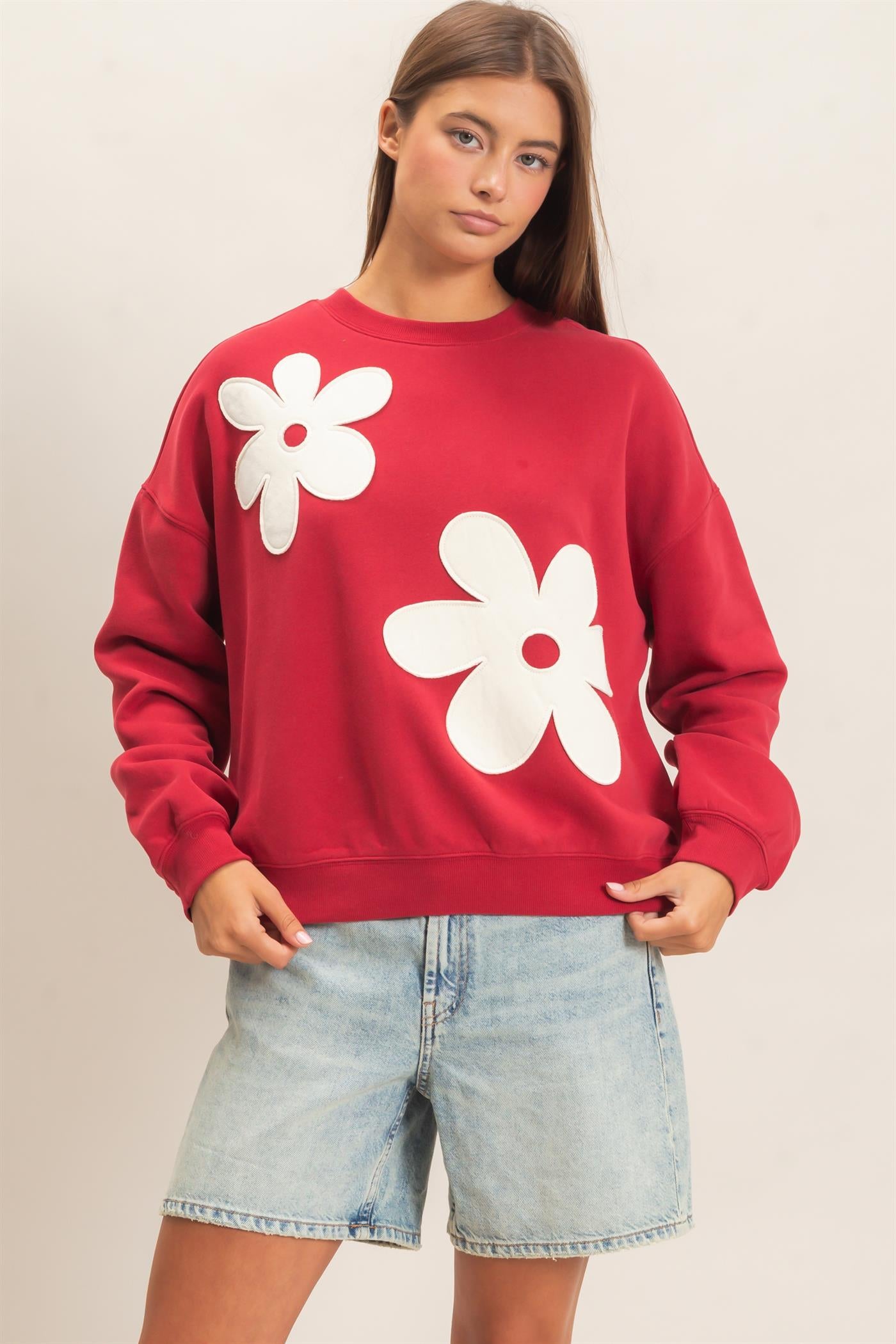 Wholesale Floral Applique Crew Neck Sweatshirt Sweatshirts DZ26E708 DARK RED DOUBLE ZERO