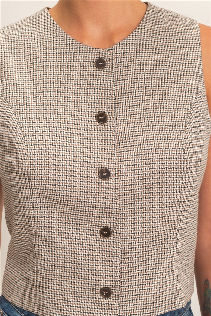 Wholesale Houndstooth Buttoned Vest Clothing Tops DZ26E386 BROWN DOUBLE ZERO