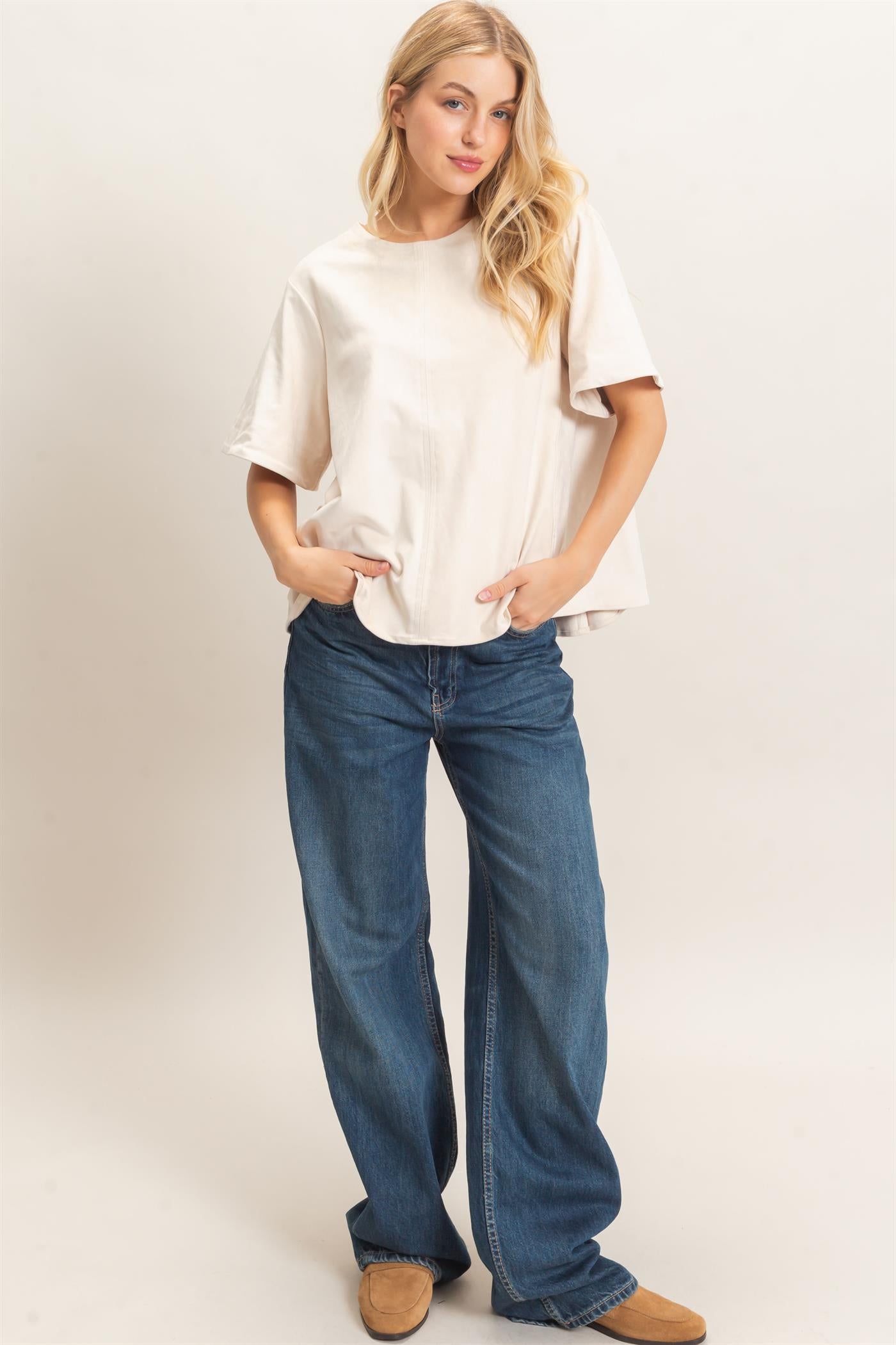 Wholesale Suede Boat Neck Top Clothing Tops HF26E351 CREAM HYFVE