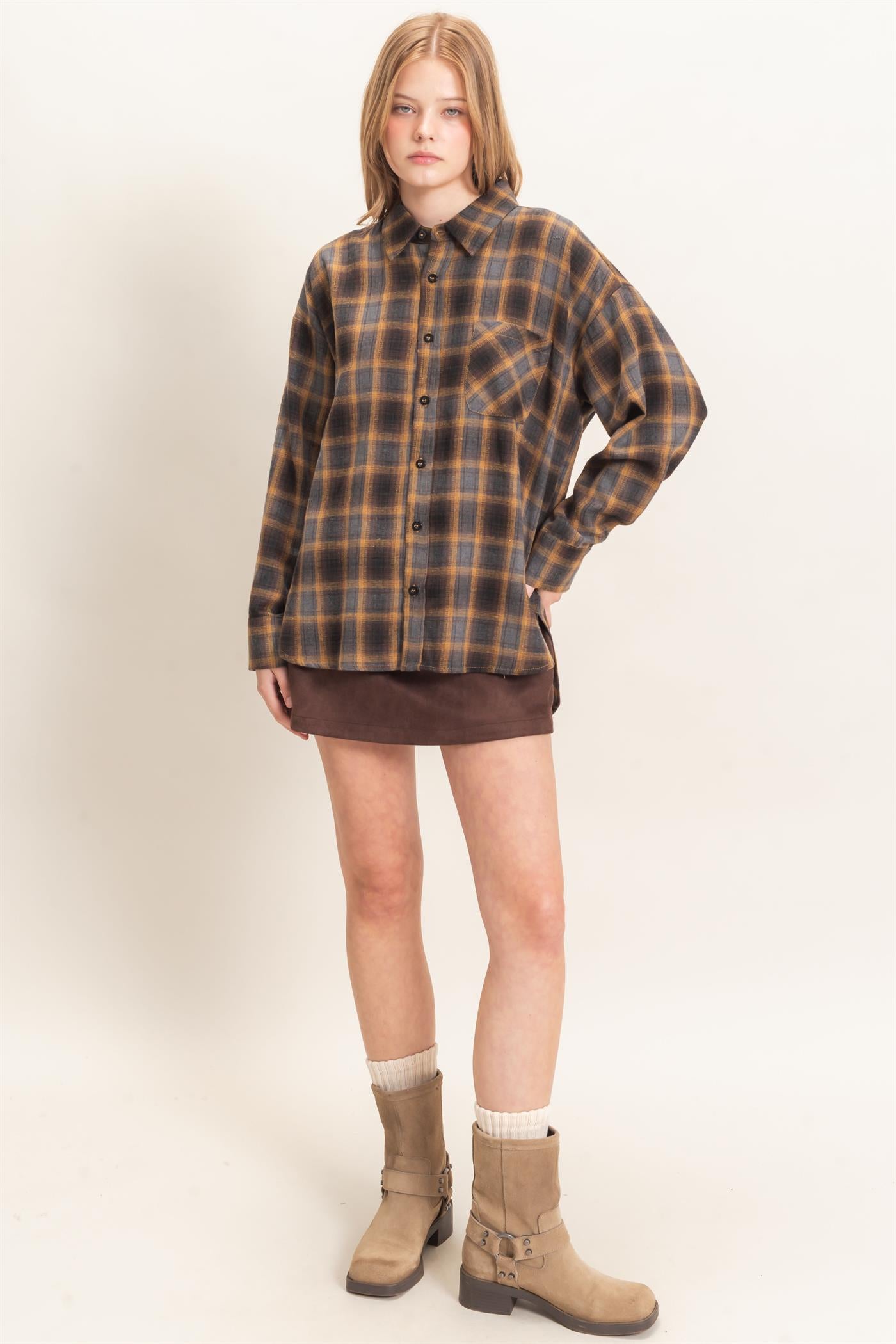 Wholesale Plaid Button-Up Shirt Clothing Tops HF26F017 MUSTARD HYFVE