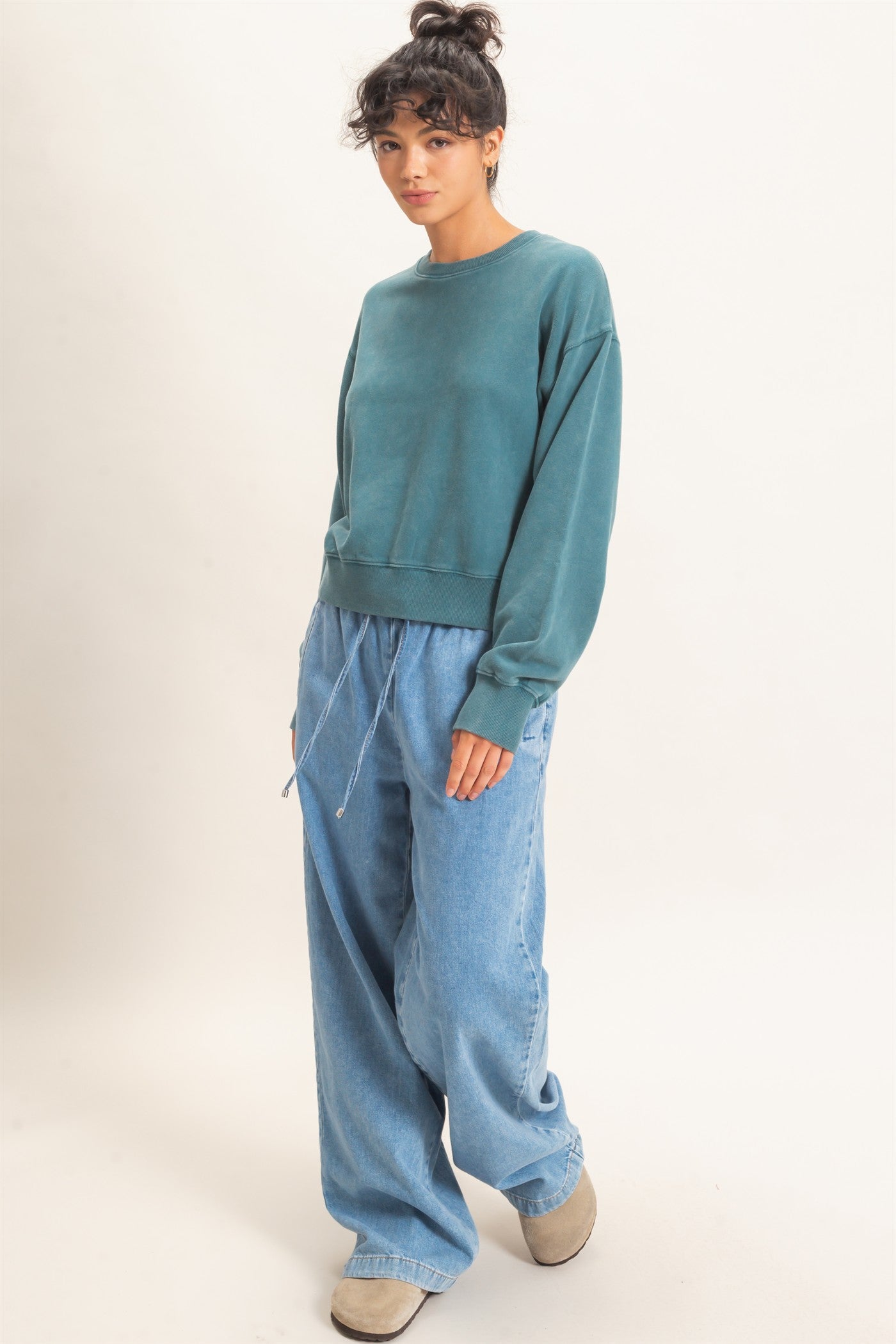 Wholesale Acid Wash Crew Neck Sweatshirt Sweatshirts DZ26E082 DARK TEAL DOUBLE ZERO