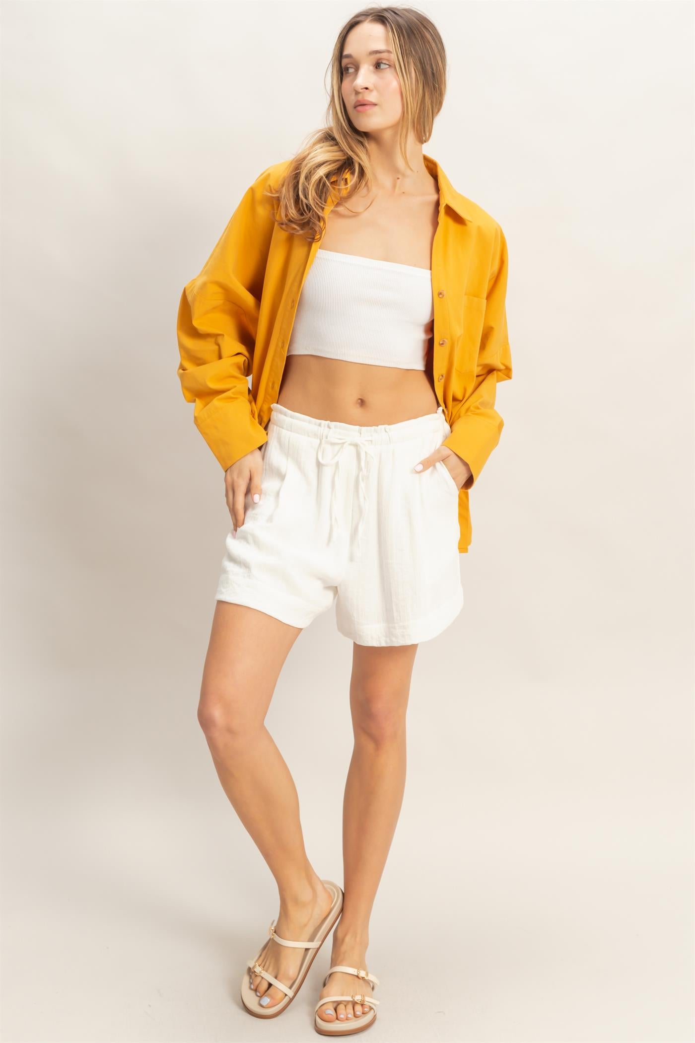 Wholesale Drawstring Pleated Shorts Shorts HF26C139-D WHITE HYFVE