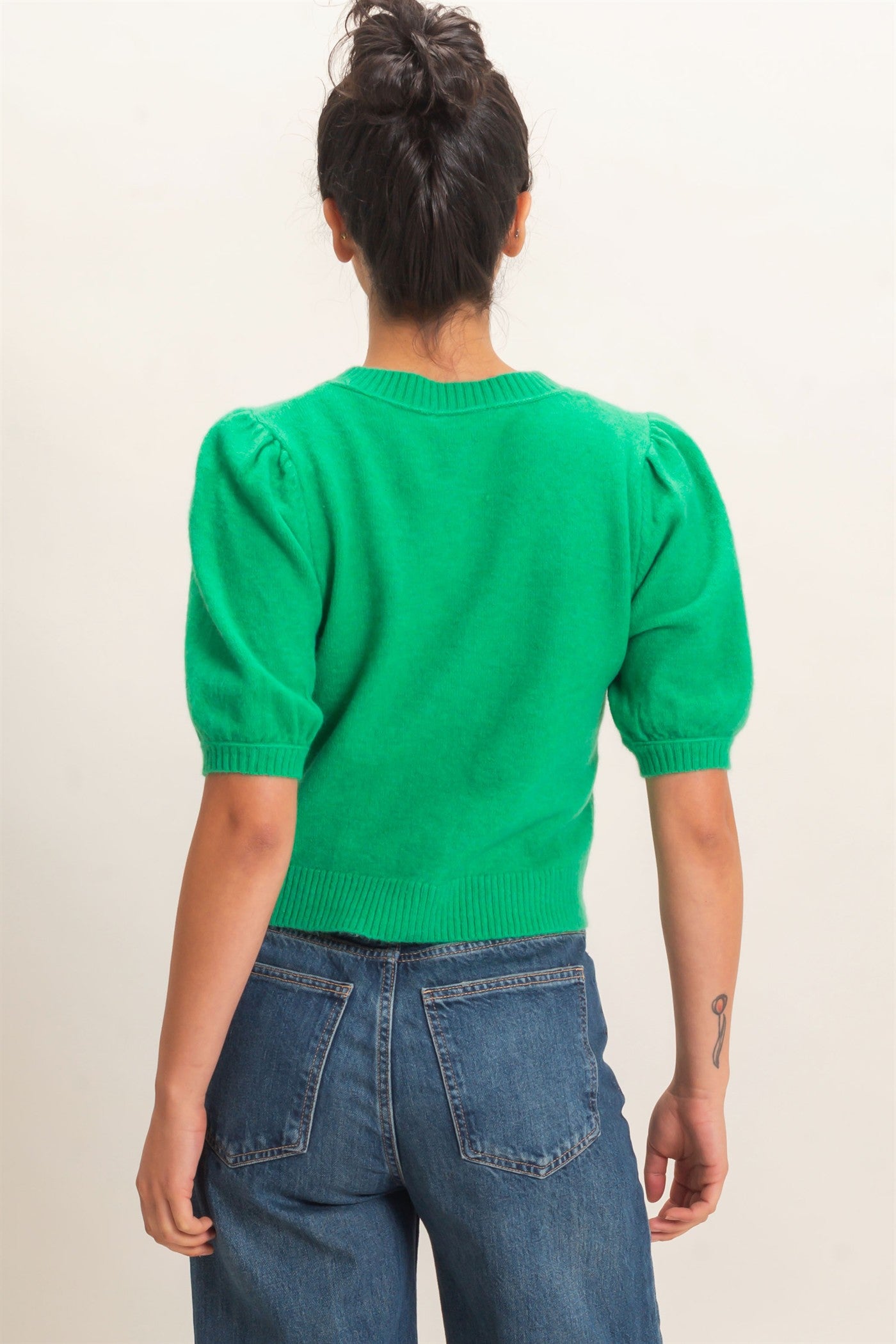 Wholesale Button Front Puff Short Sleeve Cardigan Cardigans DZ26C960 EMERALD DOUBLE ZERO