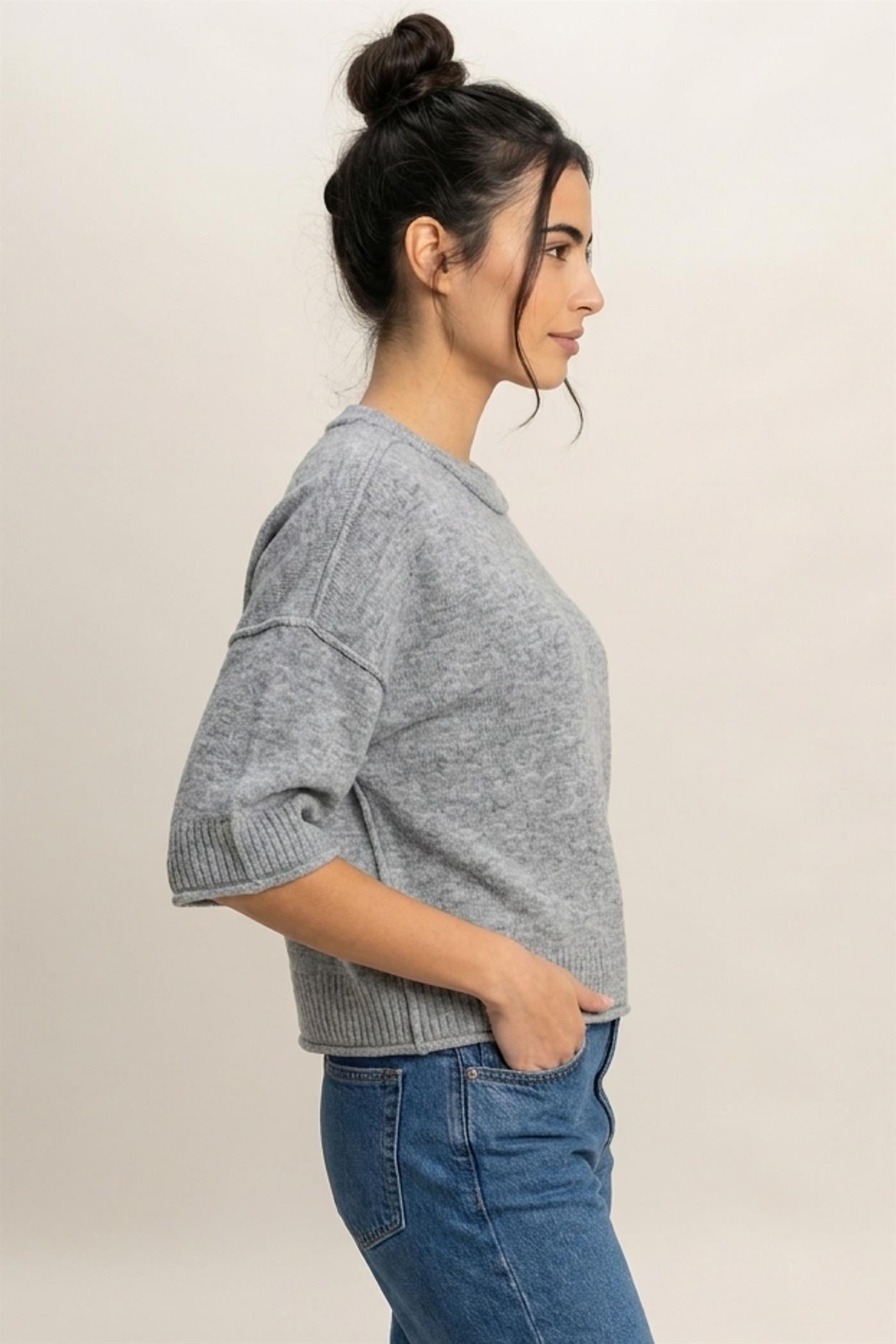 Wholesale Seam Detail Short Sleeve Knit Top Clothing Tops DZ26A827 HEATHER GRAY DOUBLE ZERO