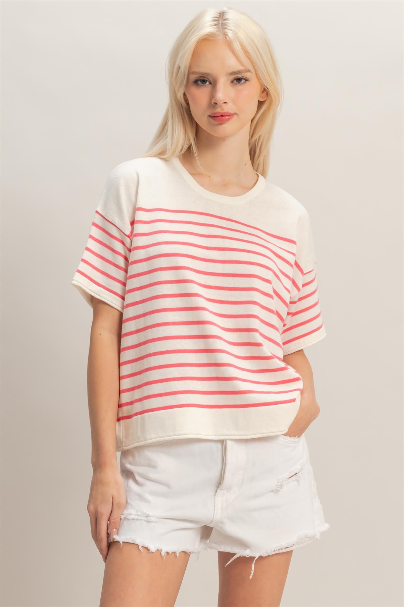 Wholesale Striped Short Sleeve Knit Top Clothing Tops DZ26A838 PINK DOUBLE ZERO