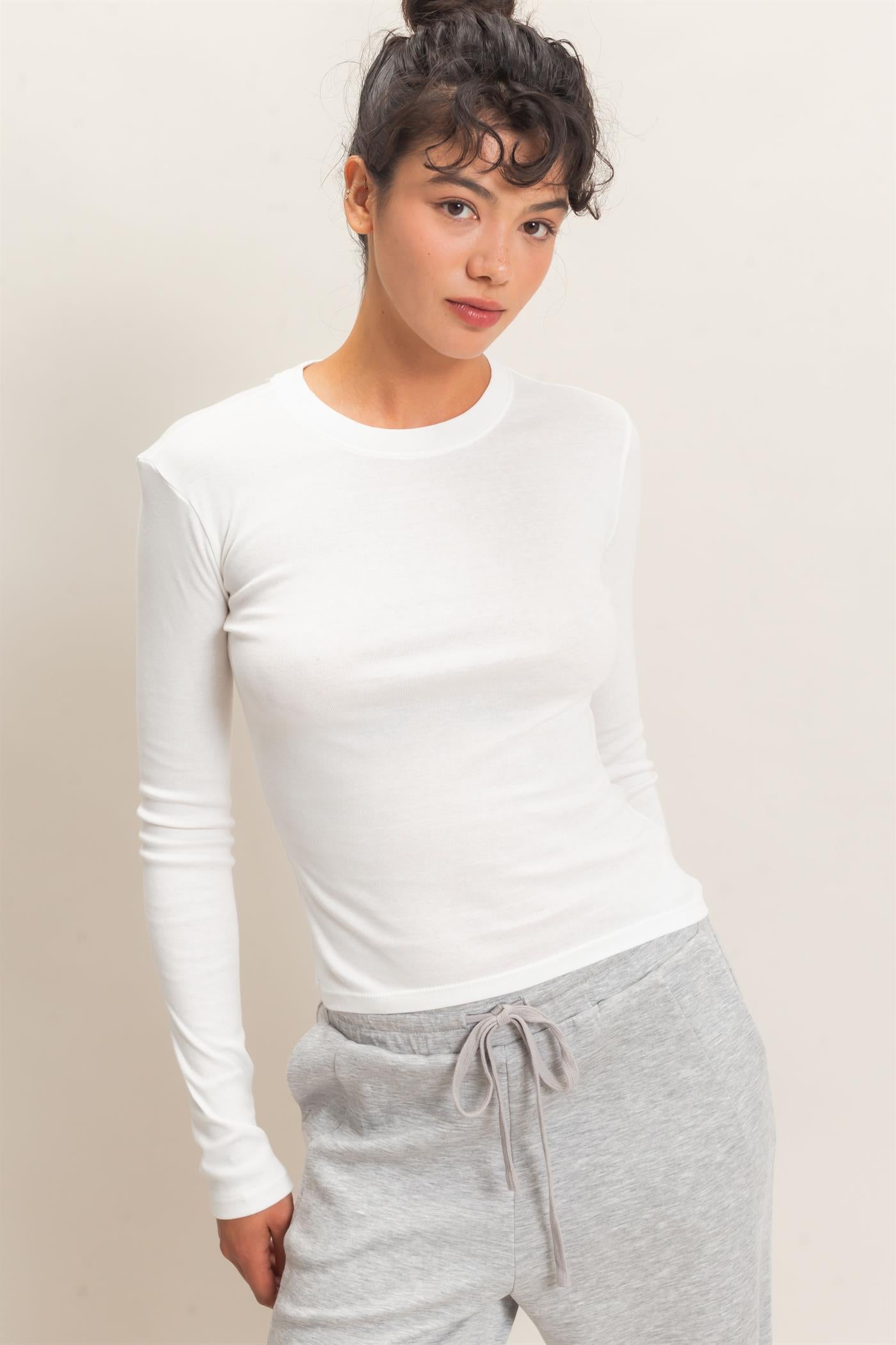 Wholesale Crew Neck Long Sleeve Top Clothing Tops DZ26E184 WHITE DOUBLE ZERO