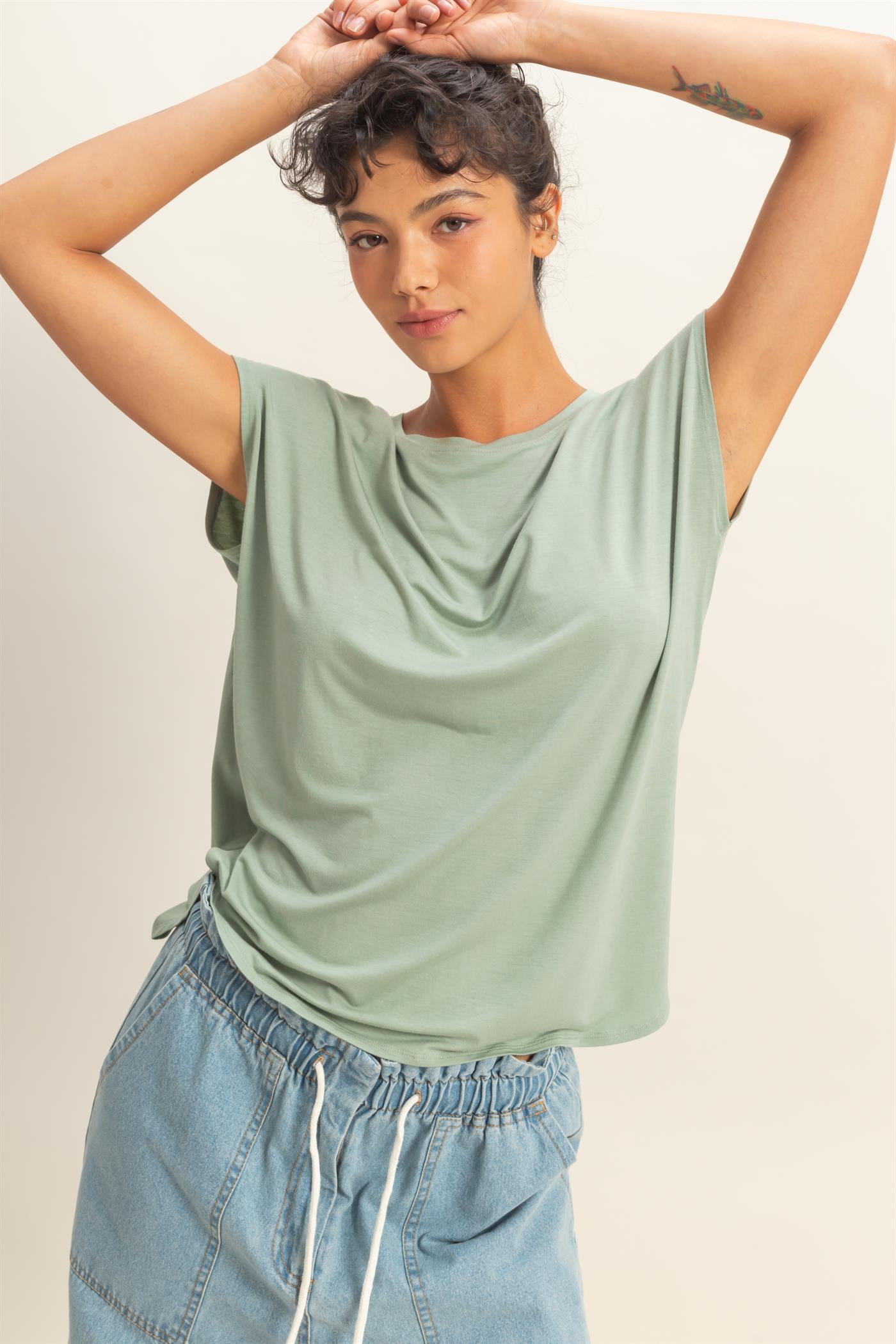 Wholesale Relaxed Dolman Short Sleeve  Round Neck Top Shirts DZ26A270 SAGE GREEN DOUBLE ZERO