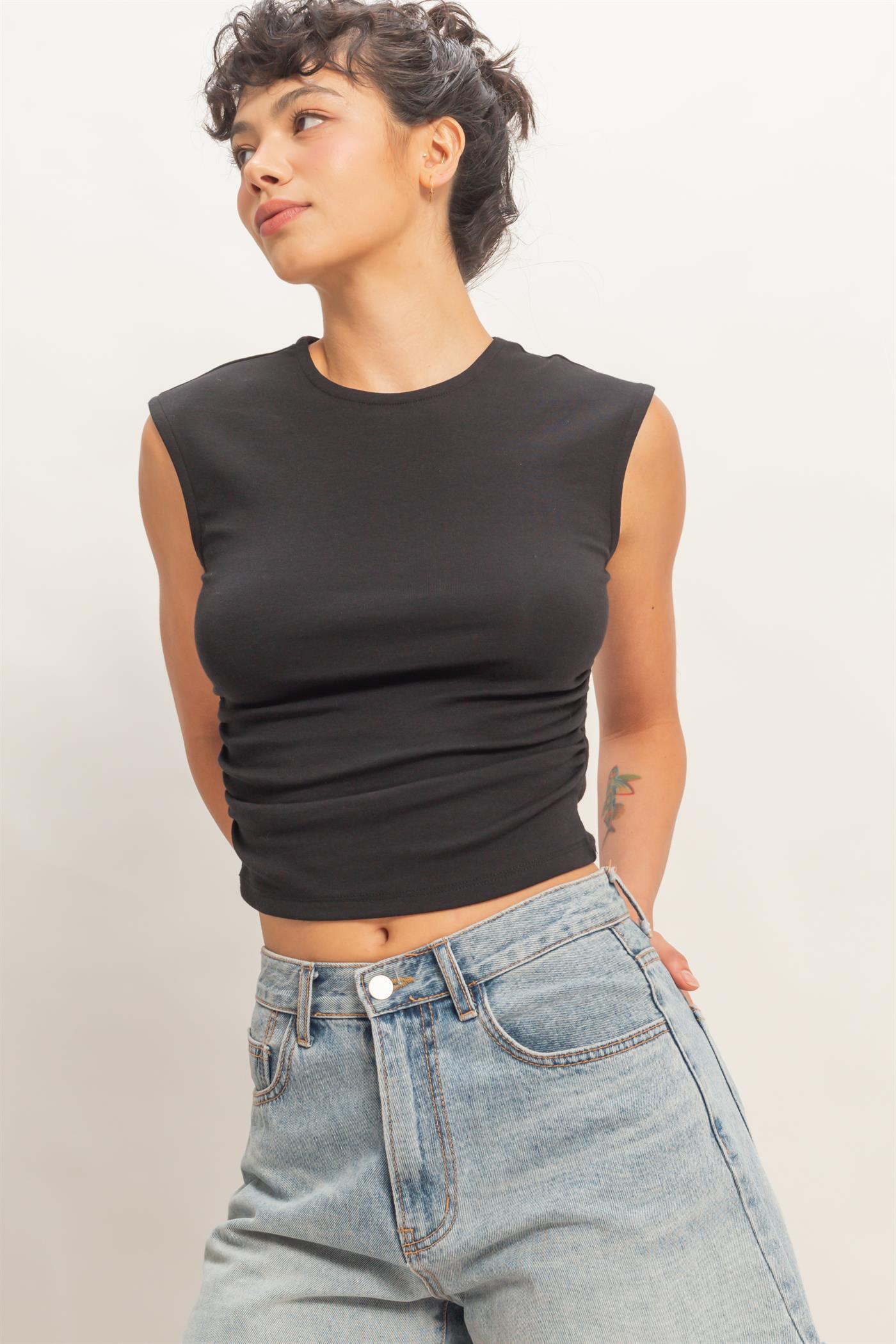 Wholesale Ruched Waist Cap Sleeve Top Clothing Tops DZ26A889 BLACK DOUBLE ZERO