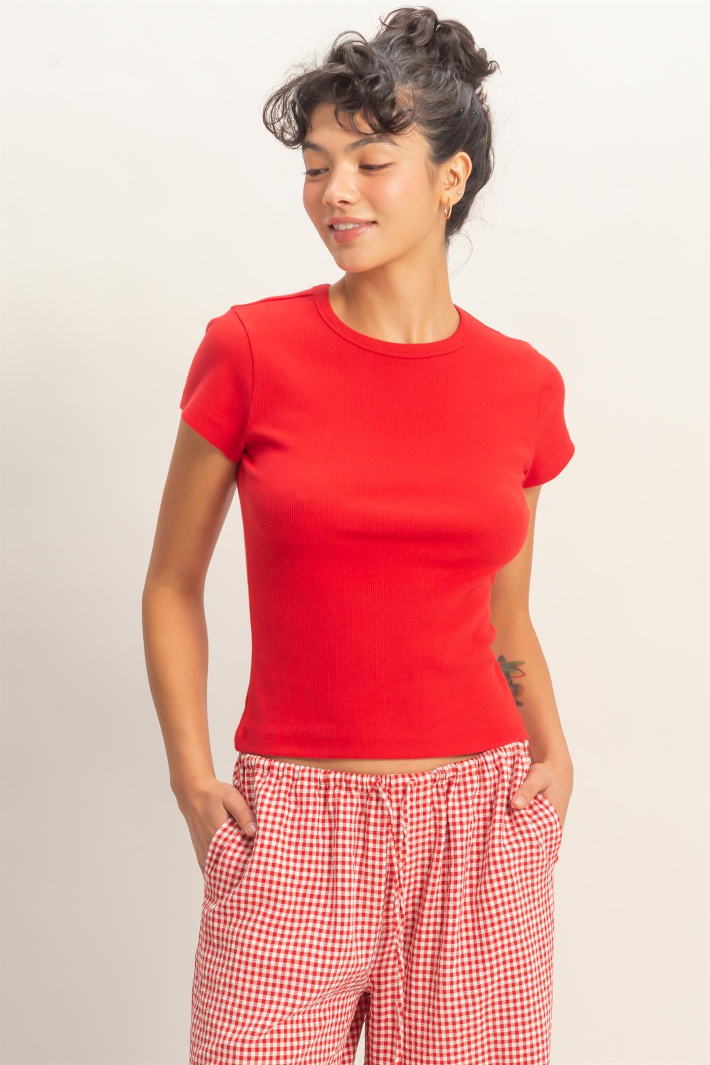 Wholesale Basic Ribbed Short Sleeve Top Clothing Tops DZ26A137 RED DOUBLE ZERO