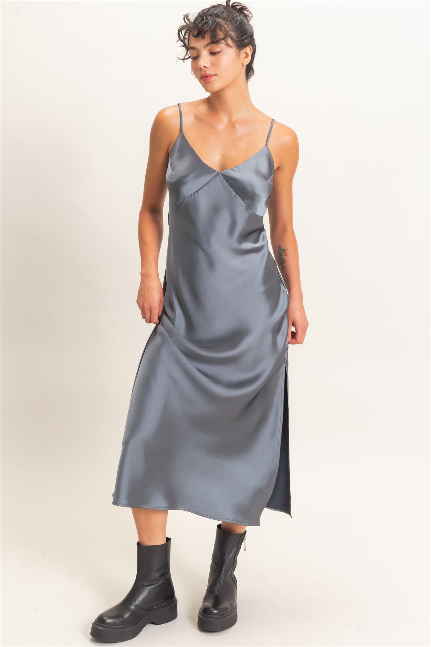 Wholesale Satin V-Neck Slip Dress Dresses DZ26E262 DARK GRAY DOUBLE ZERO