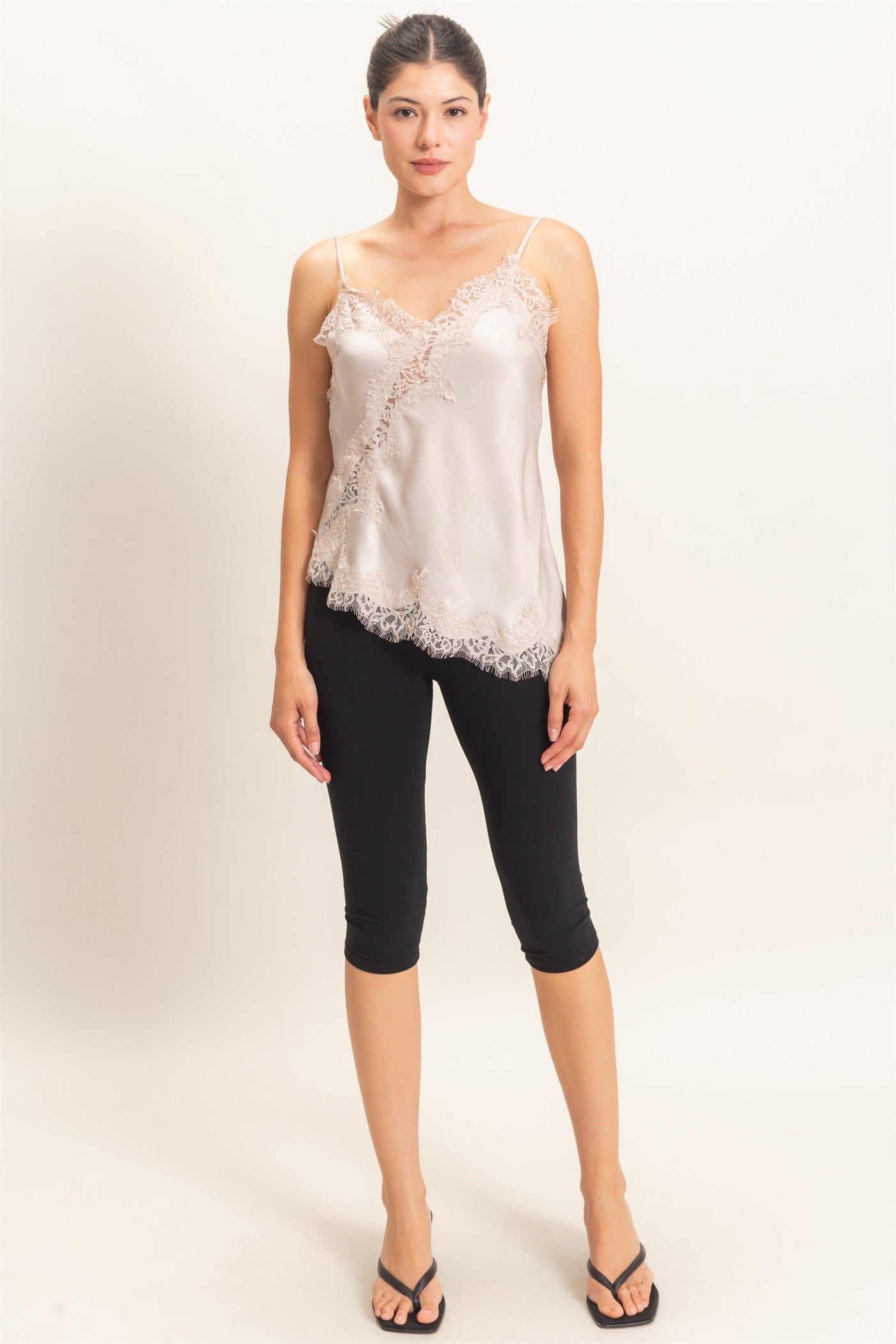 Wholesale Asymmetrical Satin Lace Top Camisoles HF26C945-D CHAMPAGNE BEIGE HYFVE