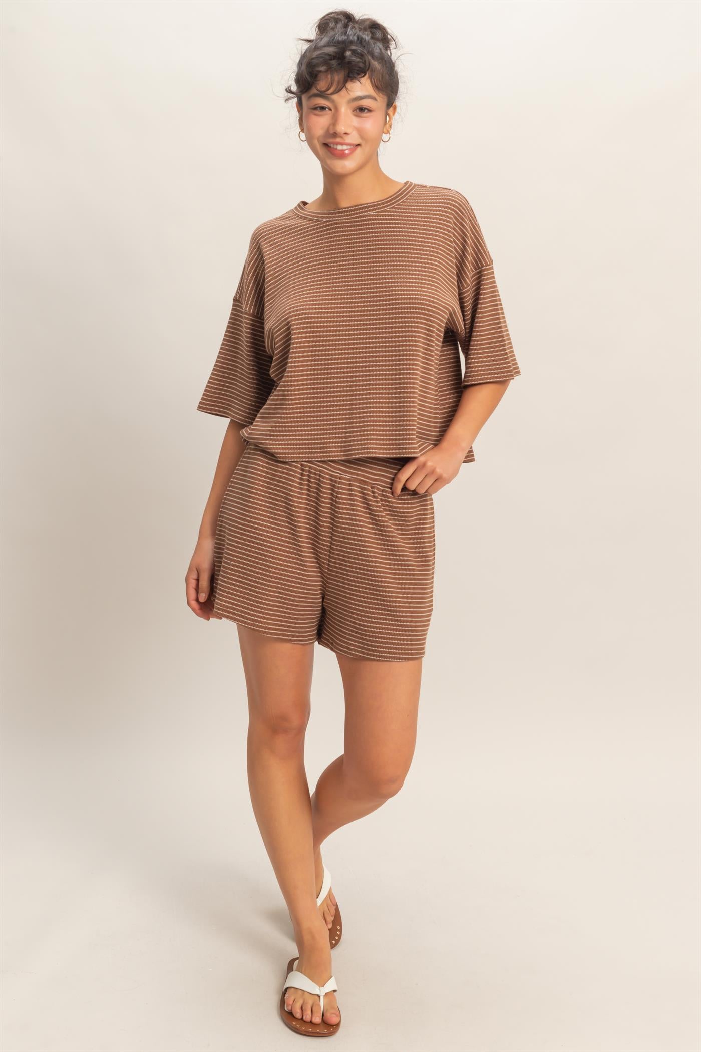 Wholesale Striped Round Neck Top & Shorts Set Clothing DZ26A045-SET BROWN DOUBLE ZERO