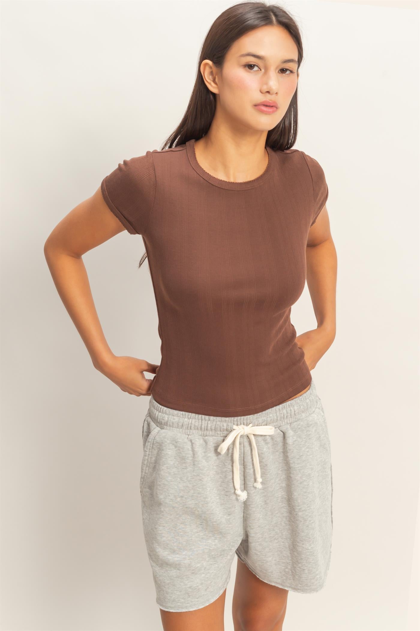 Wholesale Pointelle Short Sleeve Top Clothing Tops DZ26C285 CHOCOLATE DOUBLE ZERO