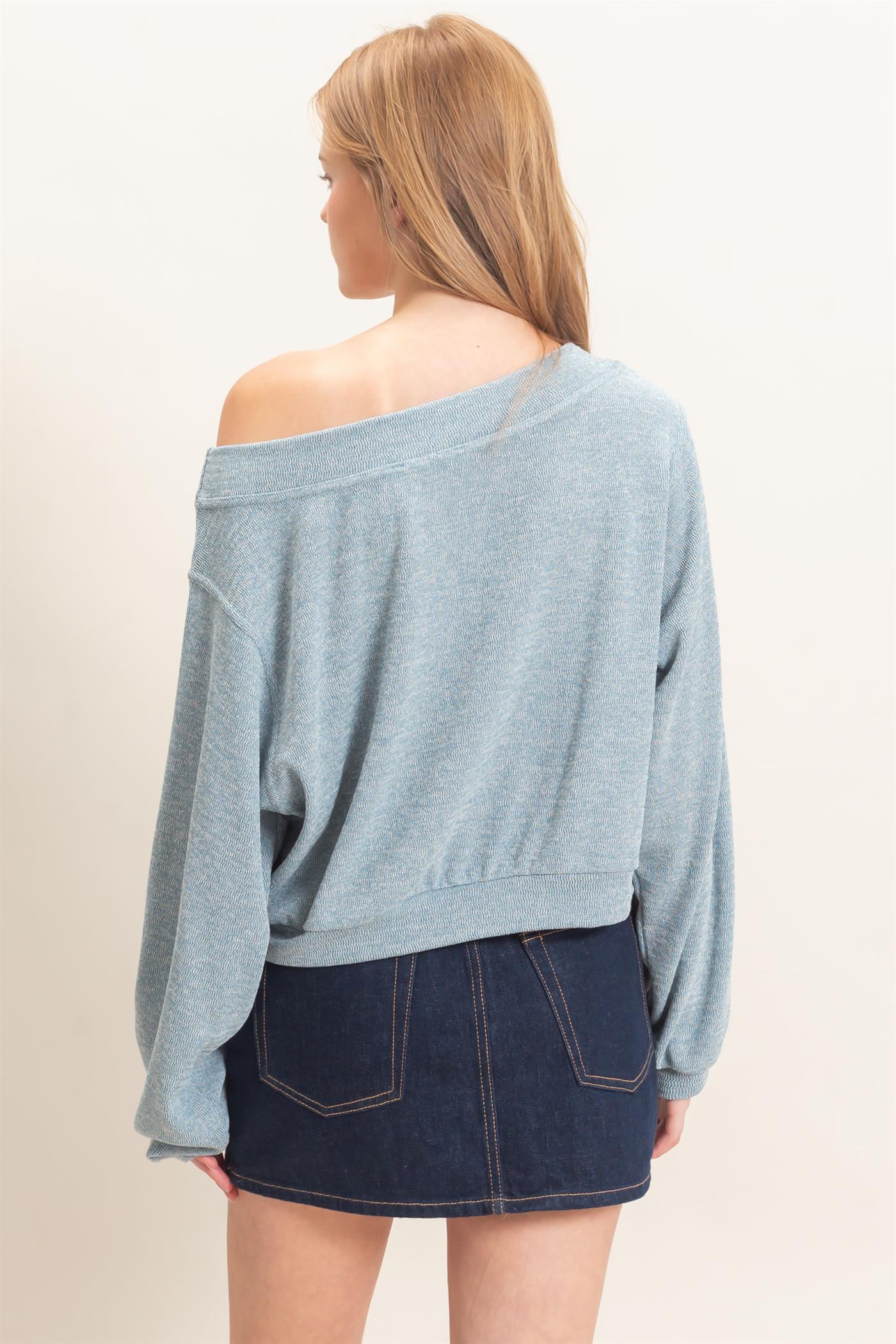 Wholesale Off Shoulder Knit Sweatshirt Blouses HF26F028 BLUE HYFVE
